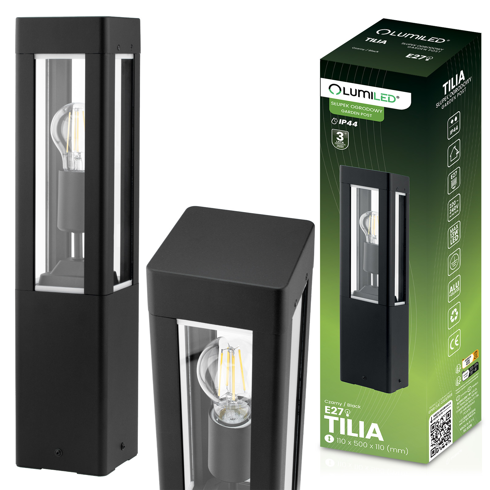 Lampa Ogrodowa Zewnętrzna Aluminium Czarna Oprawa E27 IP44 SŁUPEK 50cm TILIA LUMILED - główne zdjęcie produktu