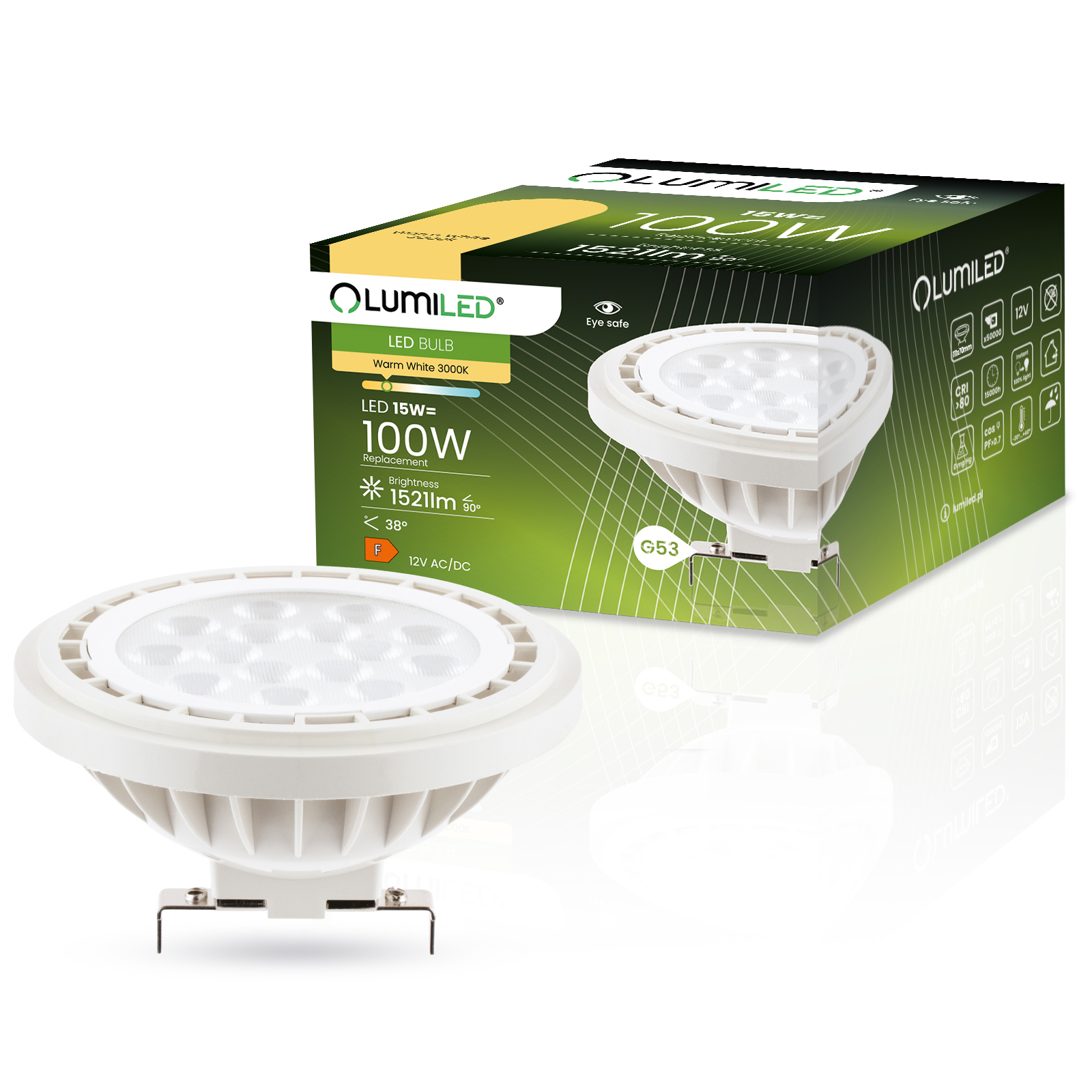 Żarówka LED G53 Reflektor AR111 15W = 100W 1521lm 3000K Ciepła 38° 12V LUMILED - główne zdjęcie produktu
