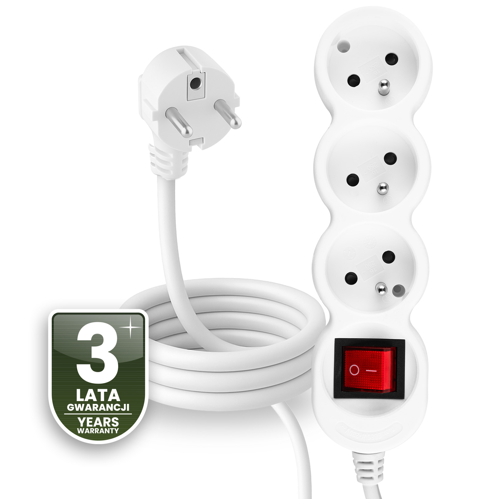 Przedłużacz Sieciowy Kabel z Uziemieniem Listwa Zasilająca 3 Gniazda 1.5m Włącznik ON/OFF Biały Sznur Lendo Lumiled - czwarta cecha produktu