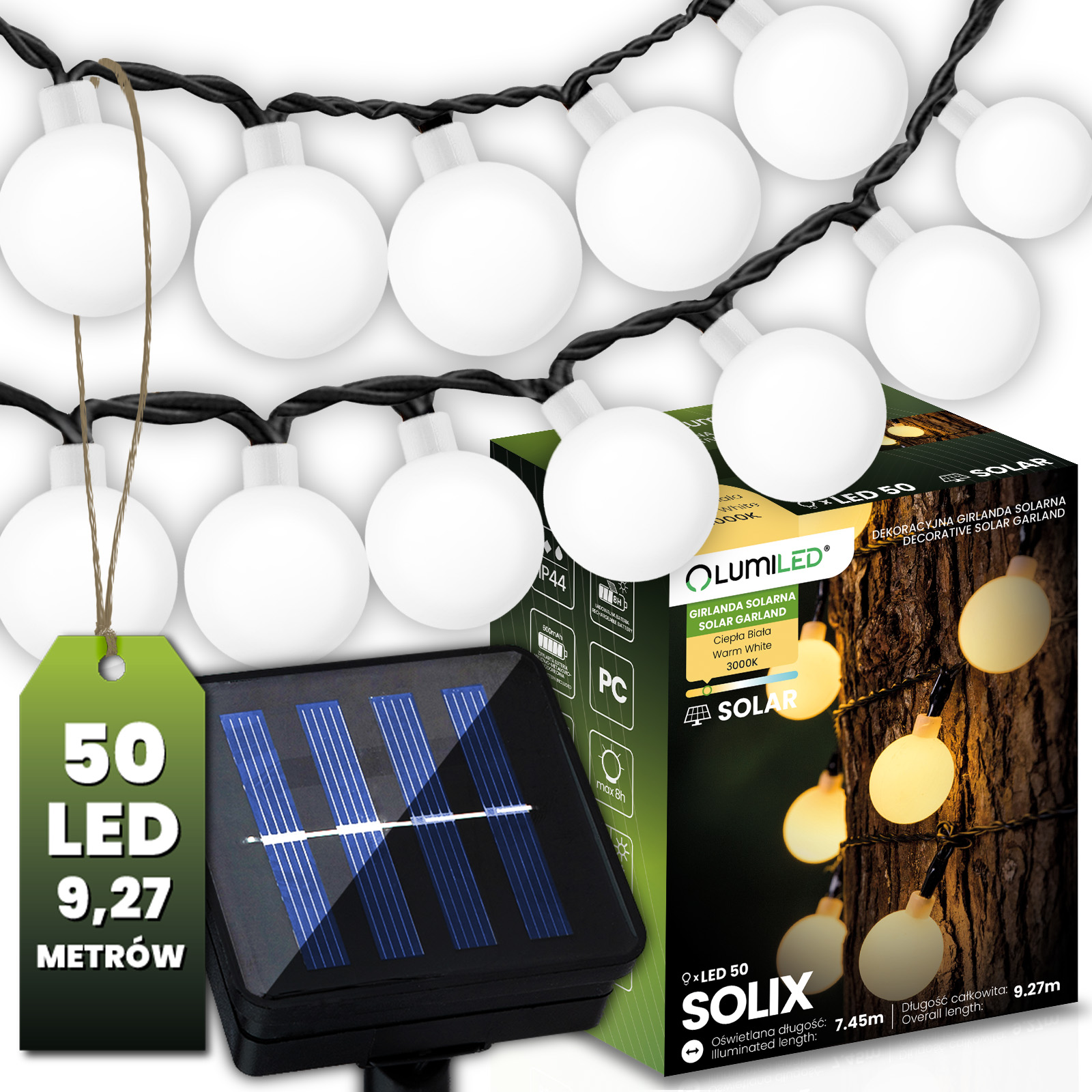 Girlanda Solarna Ogrodowa Lampki Solarne 50x Żarówka LED Ozdobne Kulki 9m 3000K SOLIX LUMILED - główne zdjęcie produktu