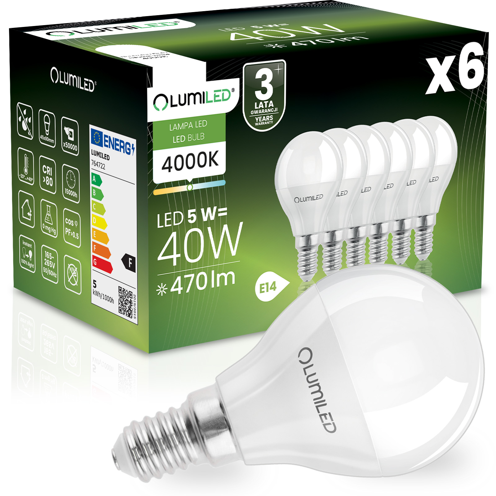 6x Żarówka LED E14 Kulka P45 5W = 40W 470lm 4000K Neutralna 180° LUMILED - główne zdjęcie produktu