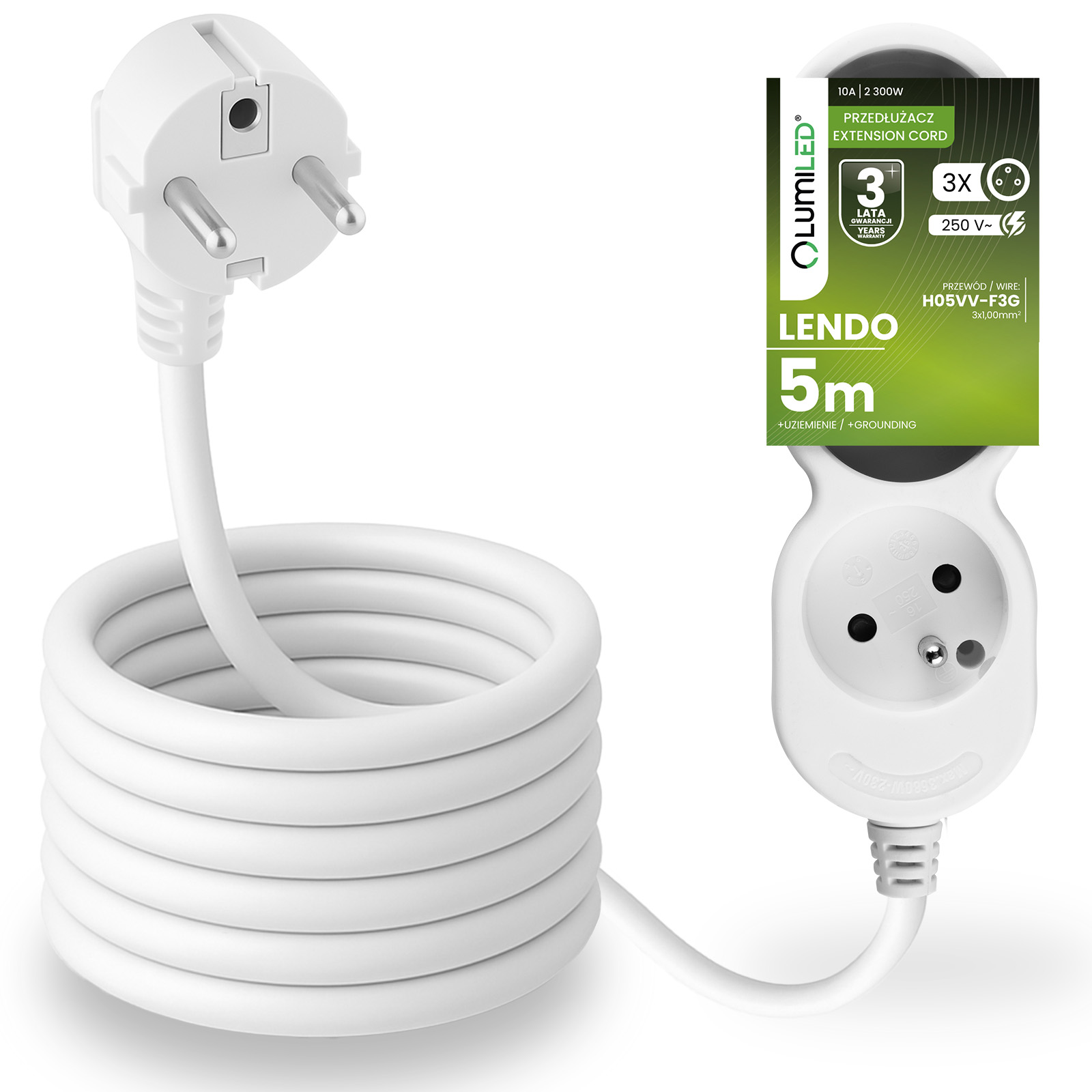 Przedłużacz Sieciowy Kabel z Uziemieniem Listwa Zasilająca 3 Gniazda 5m Biały Sznur Lendo Lumiled - główne zdjęcie produktu