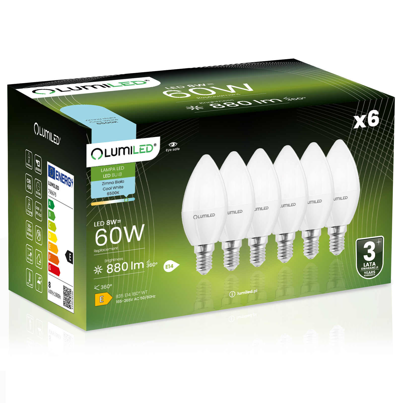 6x Żarówka LED E14 Świeczka B35 8W = 60W 880lm 6500K Zimna 180° LUMILED - główne zdjęcie produktu