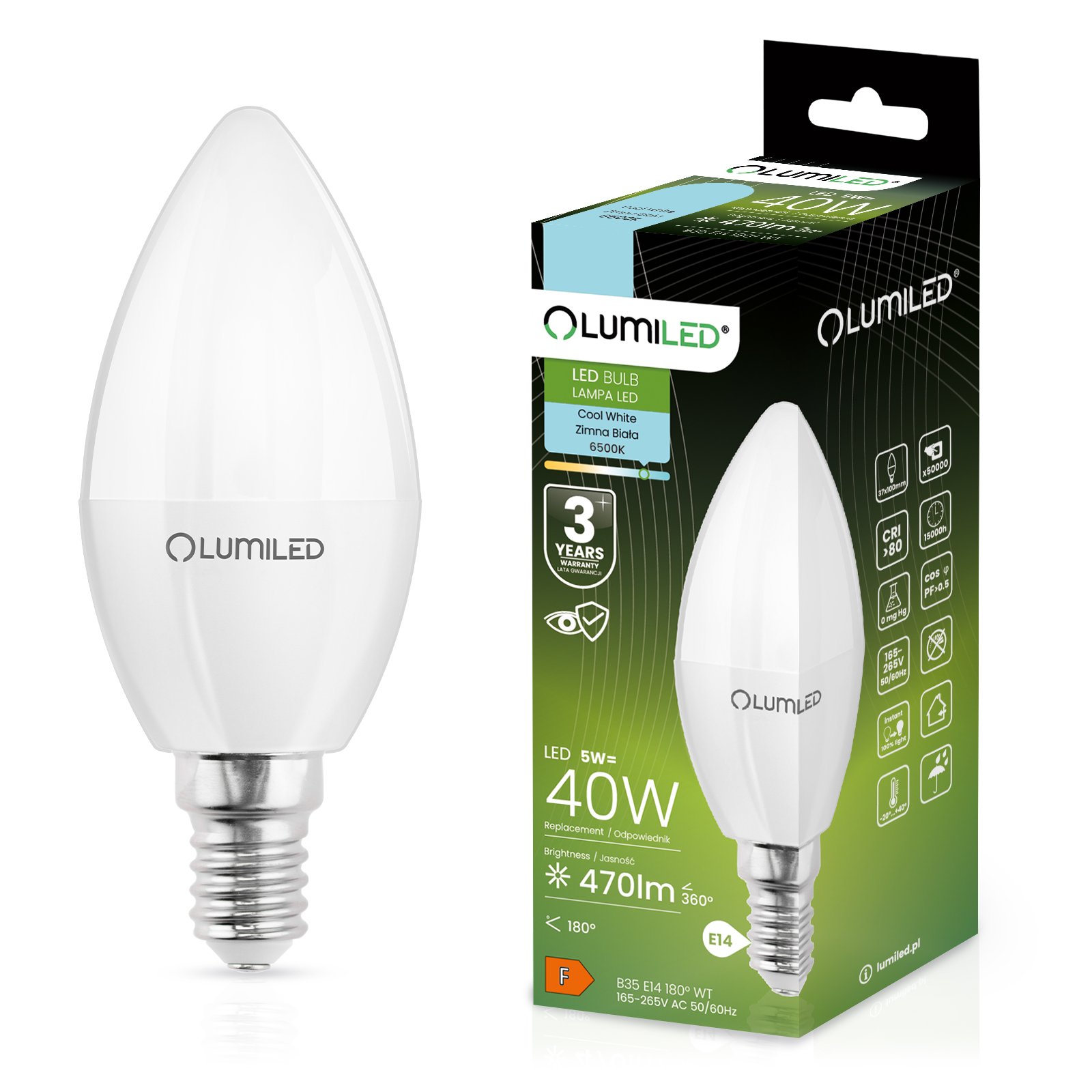 Żarówka LED E14 Świeczka B35 5W = 40W 470lm 6500K Zimna 180° LUMILED - główne zdjęcie produktu