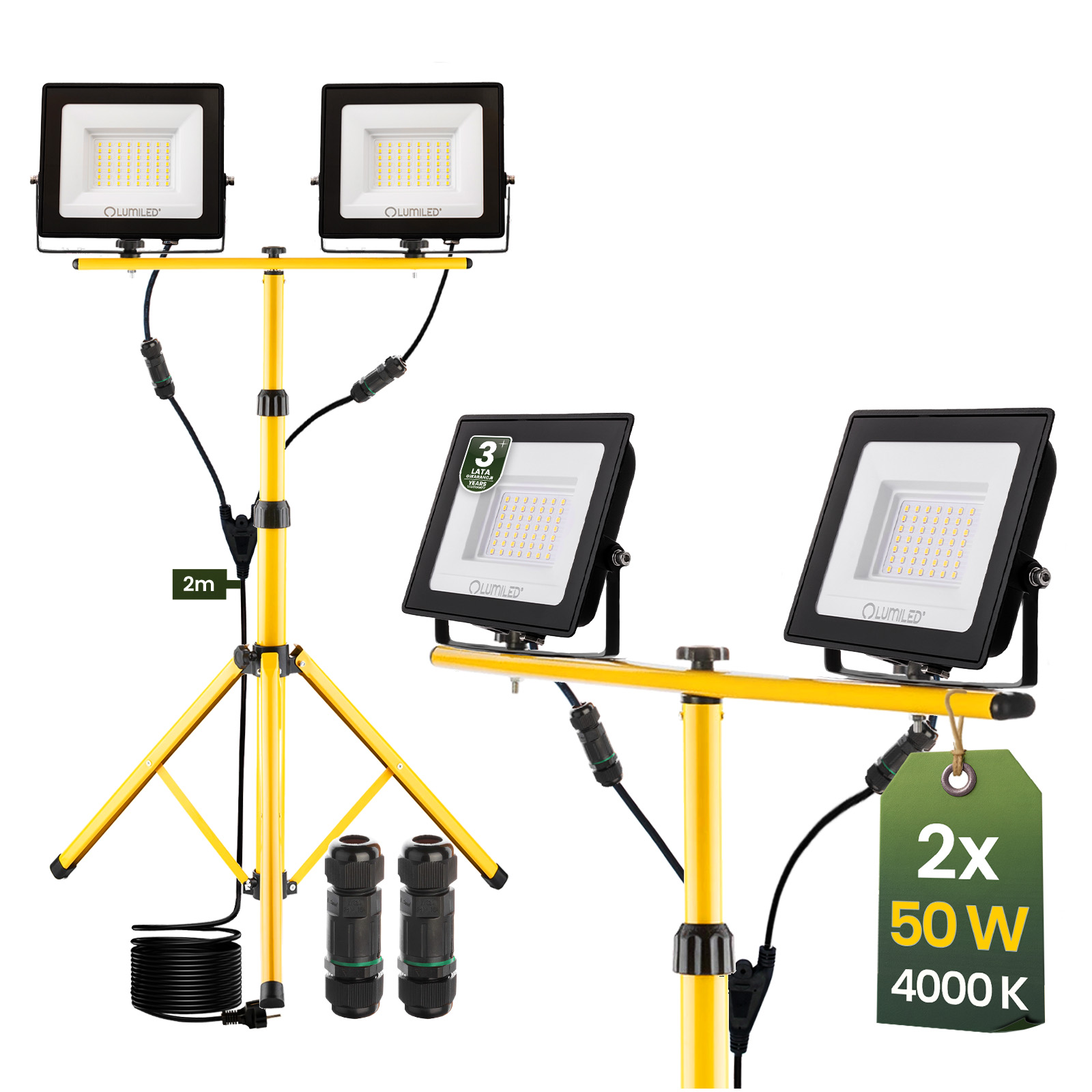 Naświetlacz LED Lampa 2x 50W Robocza Statyw Budowlany 4000K - główne zdjęcie produktu