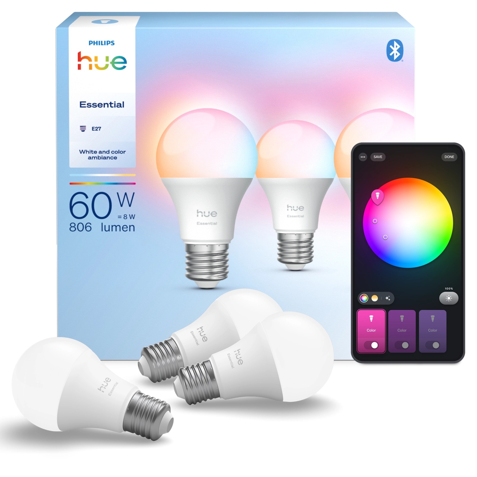 3x Żarówka LED E27 A60 8W = 60W 806lm 2200-6500K CCT + RGB SMART Inteligentna Bluetooth ZigBee White and Color Ambiance Philips HUE Essential - główne zdjęcie produktu