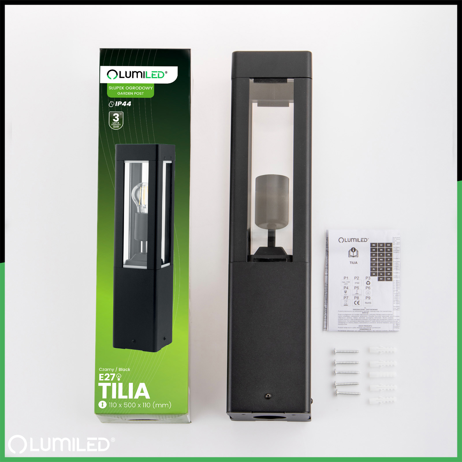 Lampa Ogrodowa Zewnętrzna Aluminium Czarna Oprawa E27 IP44 SŁUPEK 50cm TILIA LUMILED - skład produktu