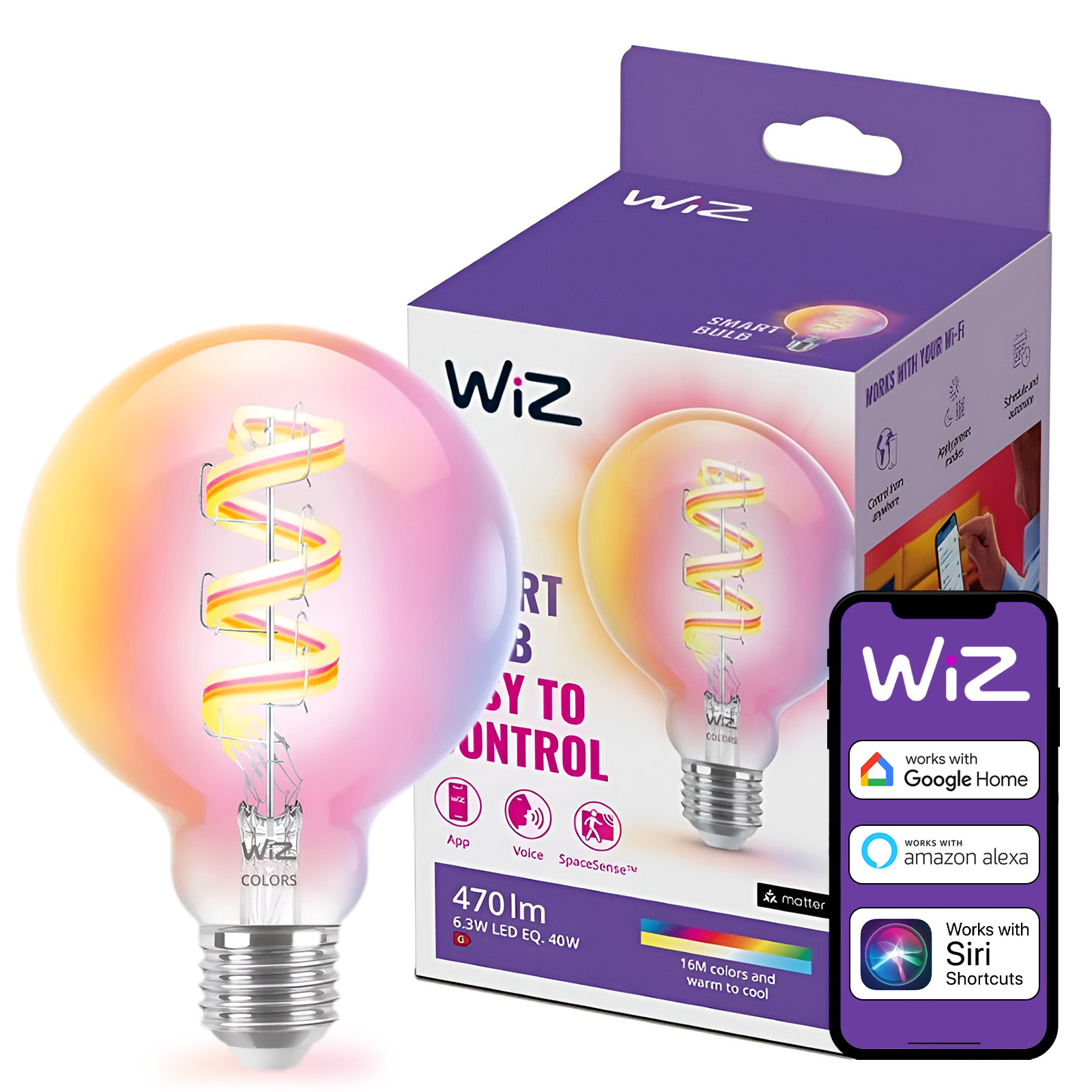 Żarówka LED E27 Kula G95 6.3W = 40W 470lm 2200-6500K RGB + TW FILAMENT Inteligentna SMART WiFi Bluetooth Aplikacja WiZ - główne zdjęcie produktu