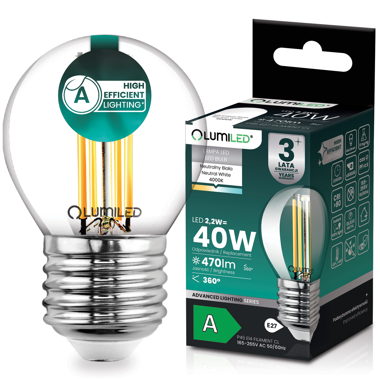 Żarówka LED E27 Kulka P45 2,2W 470lm = 40W 4000K Neutralna 360° Filament KLASA A LUMILED - główne zdjęcie produktu