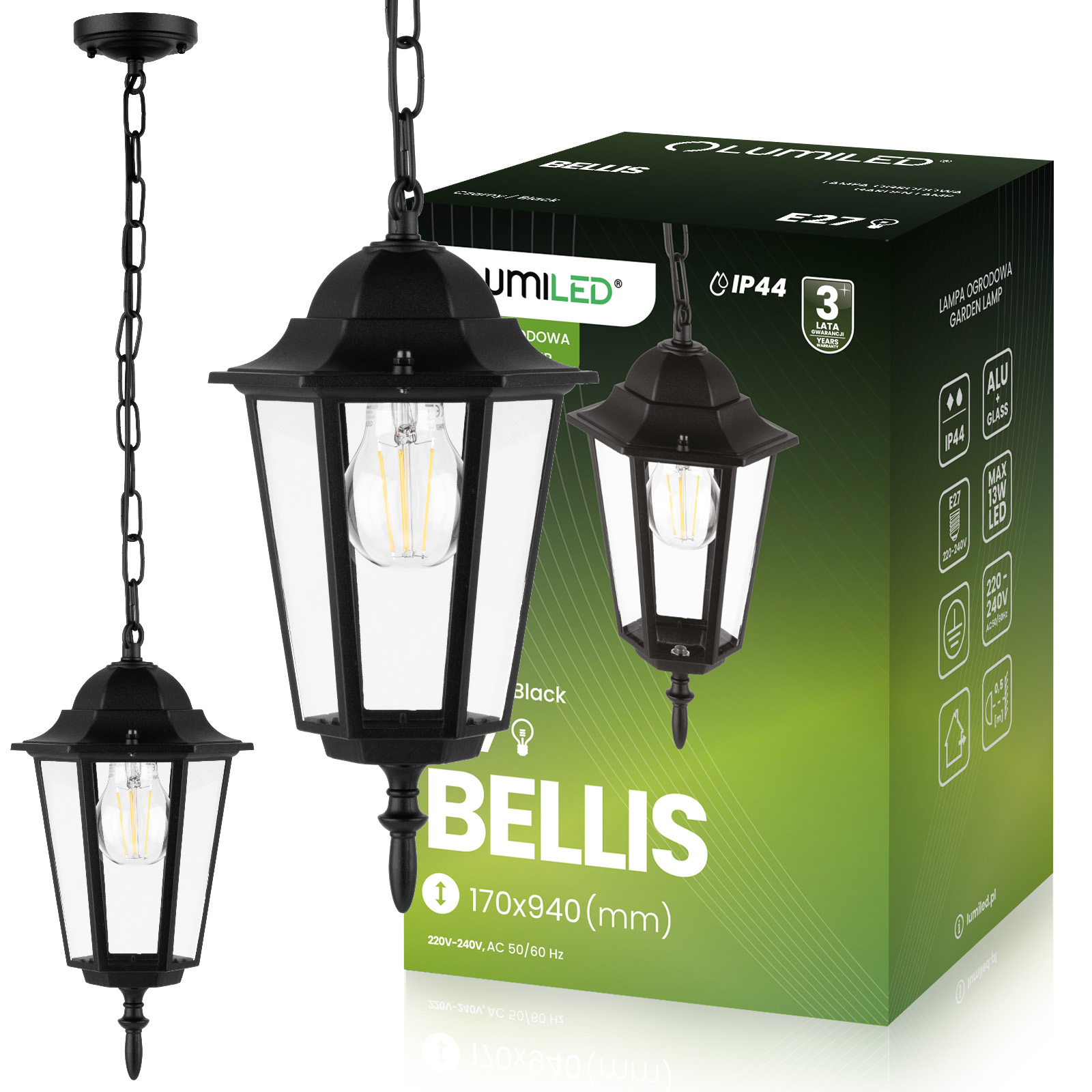Lampa Ogrodowa Wisząca Zewnętrzna E27 LATARNIA Czarna BELLIS LUMILED - główne zdjęcie produktu