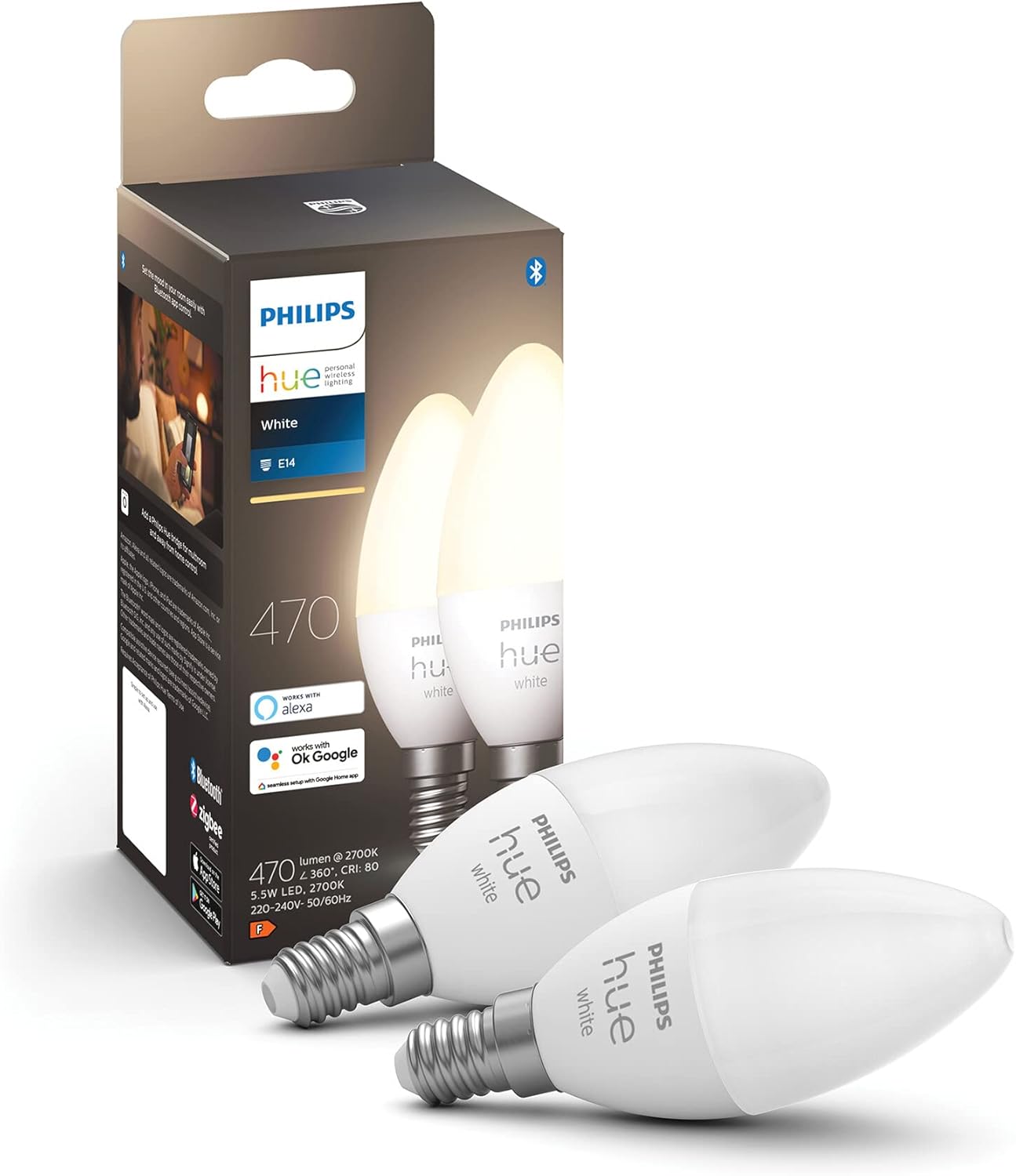2x Żarówka LED E14 Świeczka B39 5.5W = 40W 470lm 2700K Biała Ciepła SMART Inteligentna Bluetooth ZigBee White Philips HUE - główne zdjęcie produktu