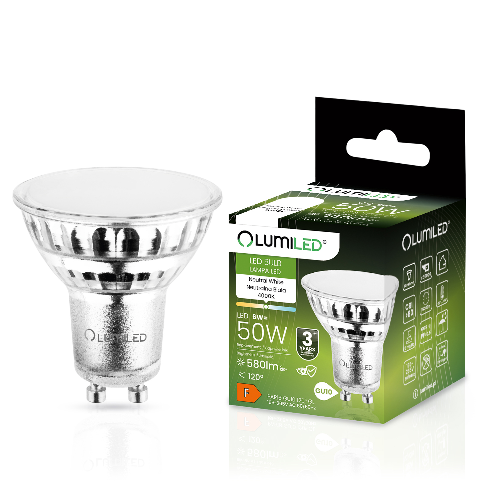 Żarówka LED GU10 Reflektor PAR16 6W = 50W 580lm 4000K Neutralna 120° LUMILED - główne zdjęcie produktu