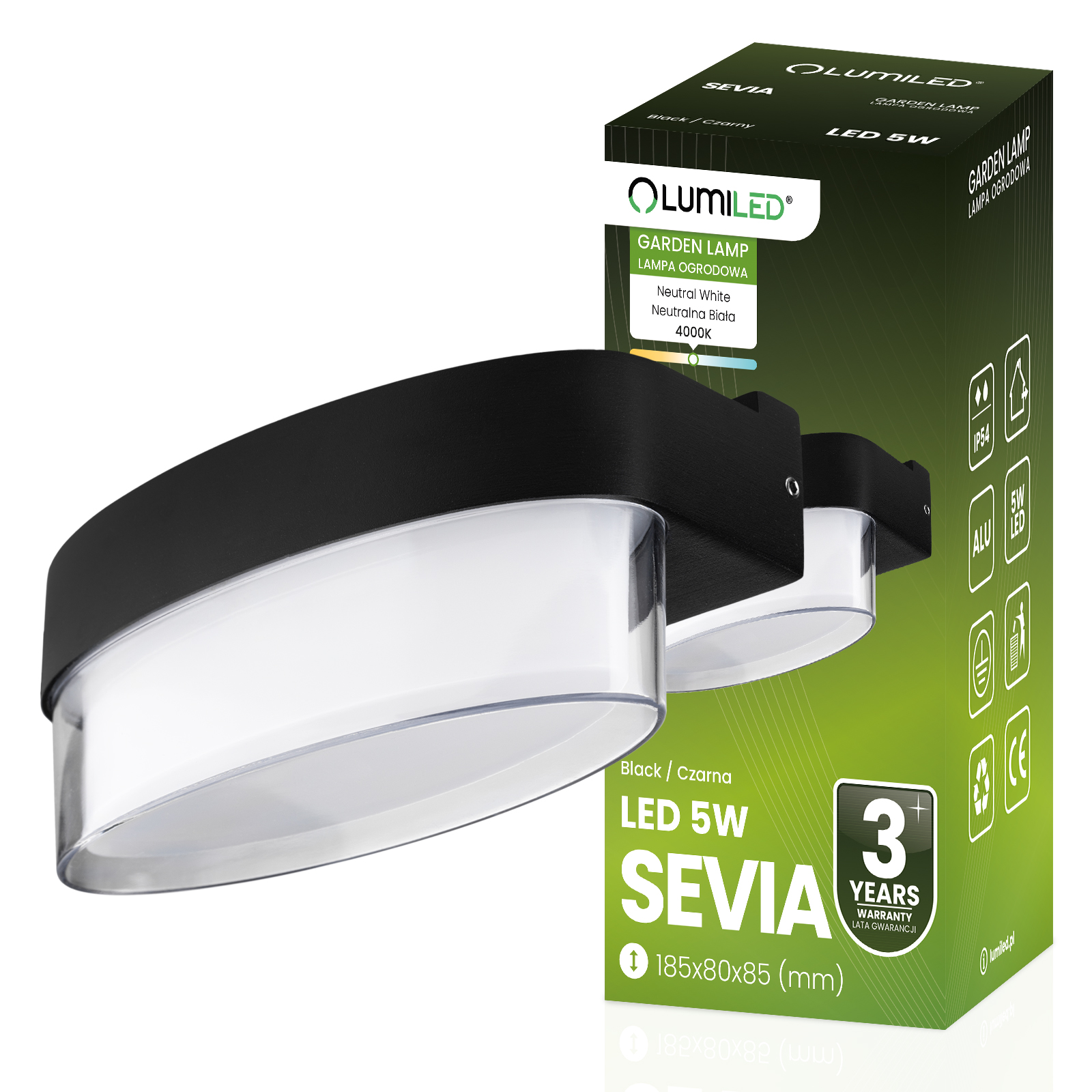Lampa Elewacyjna LED Zewnętrzna Ścienna Kinkiet Ogrodowy Ciepła 4000K 5W IP54 SEVIA Czarna LUMILED - główne zdjęcie produktu