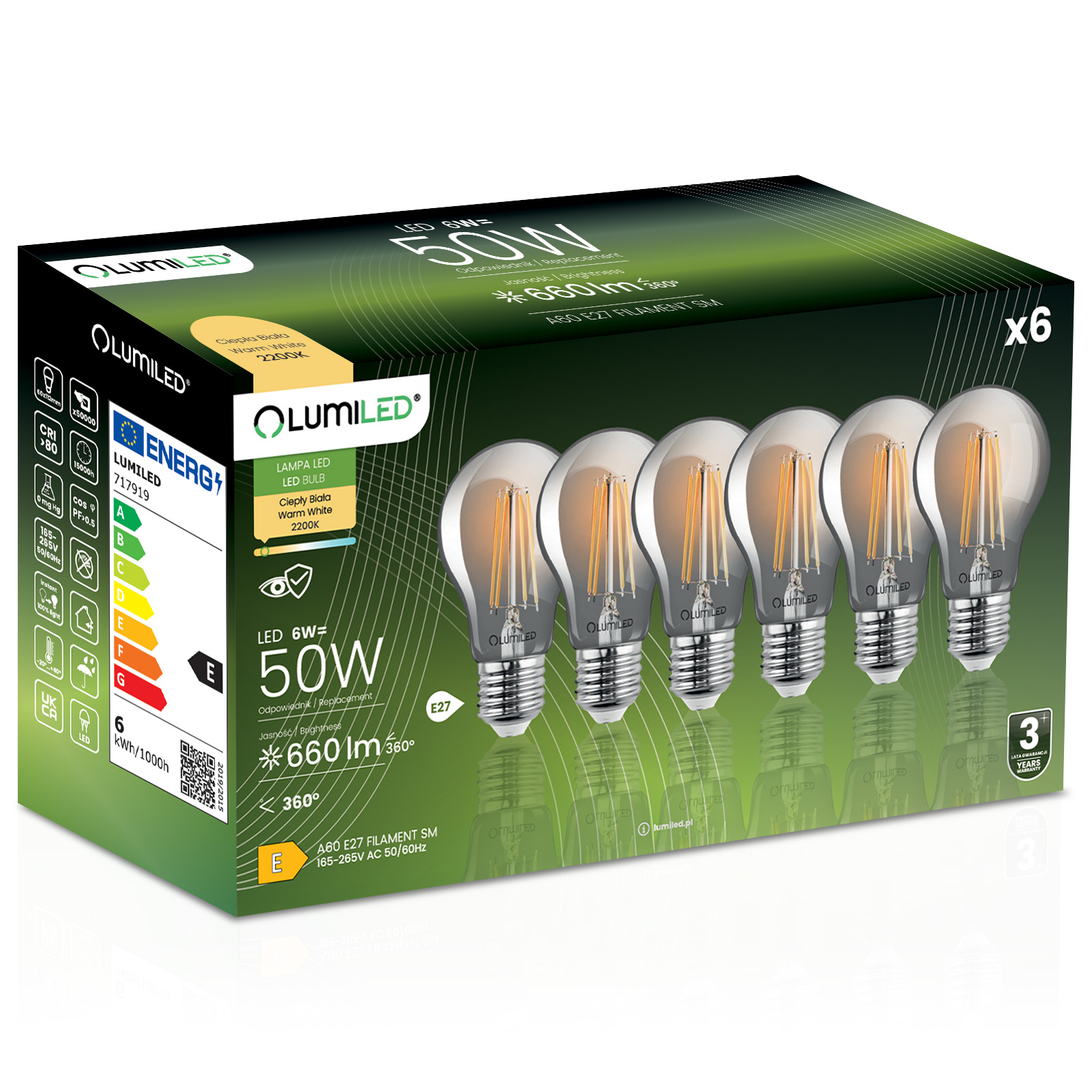 6x Żarówka LED E27 A60 6W = 50W 660lm 2200K Ciepła 360° DYMIONA FILAMENT LUMILED - główne zdjęcie produktu