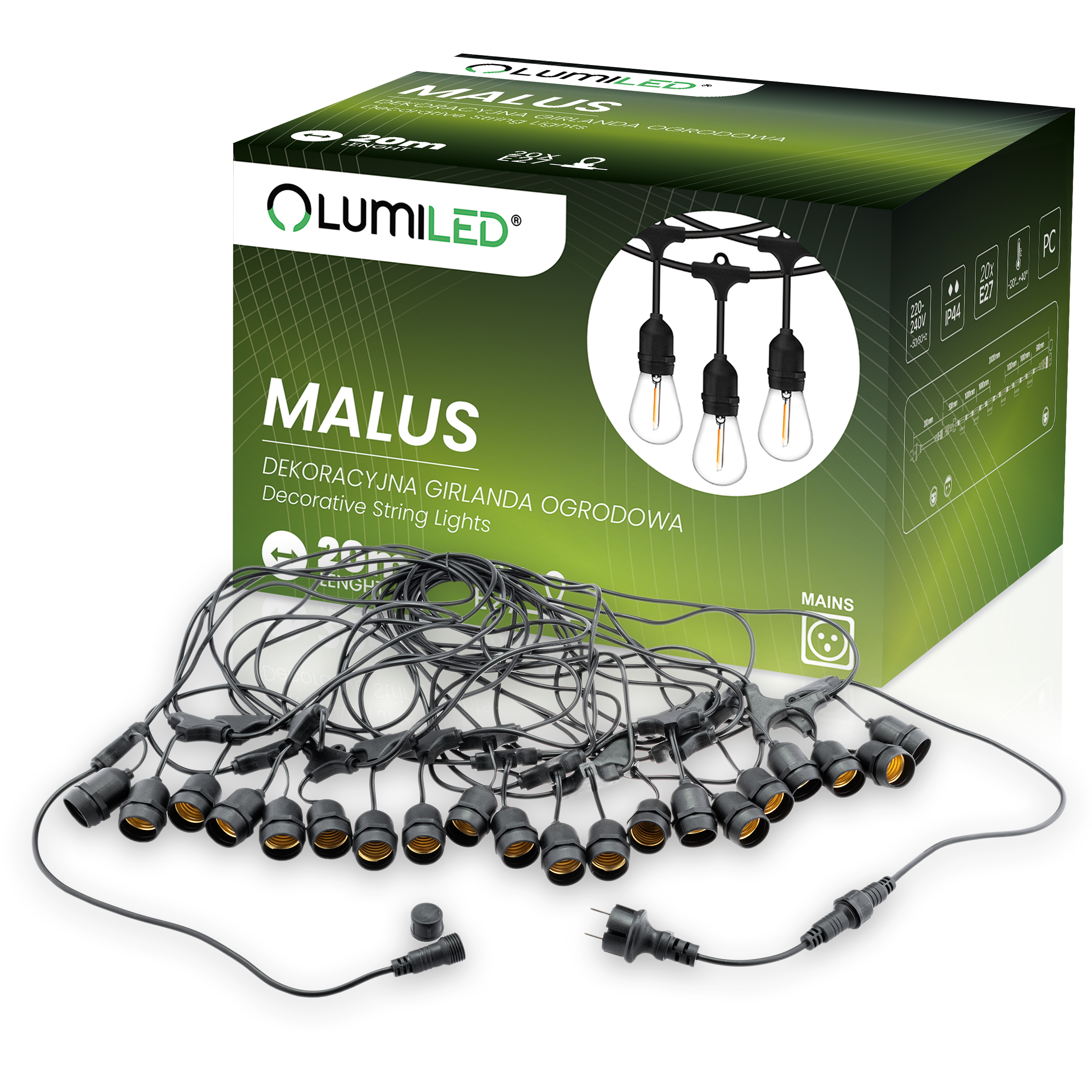 Girlanda Ogrodowa Zewnętrzna MALUS Łańcuch Świetlny 20m 20x E27 LUMILED - główne zdjęcie produktu