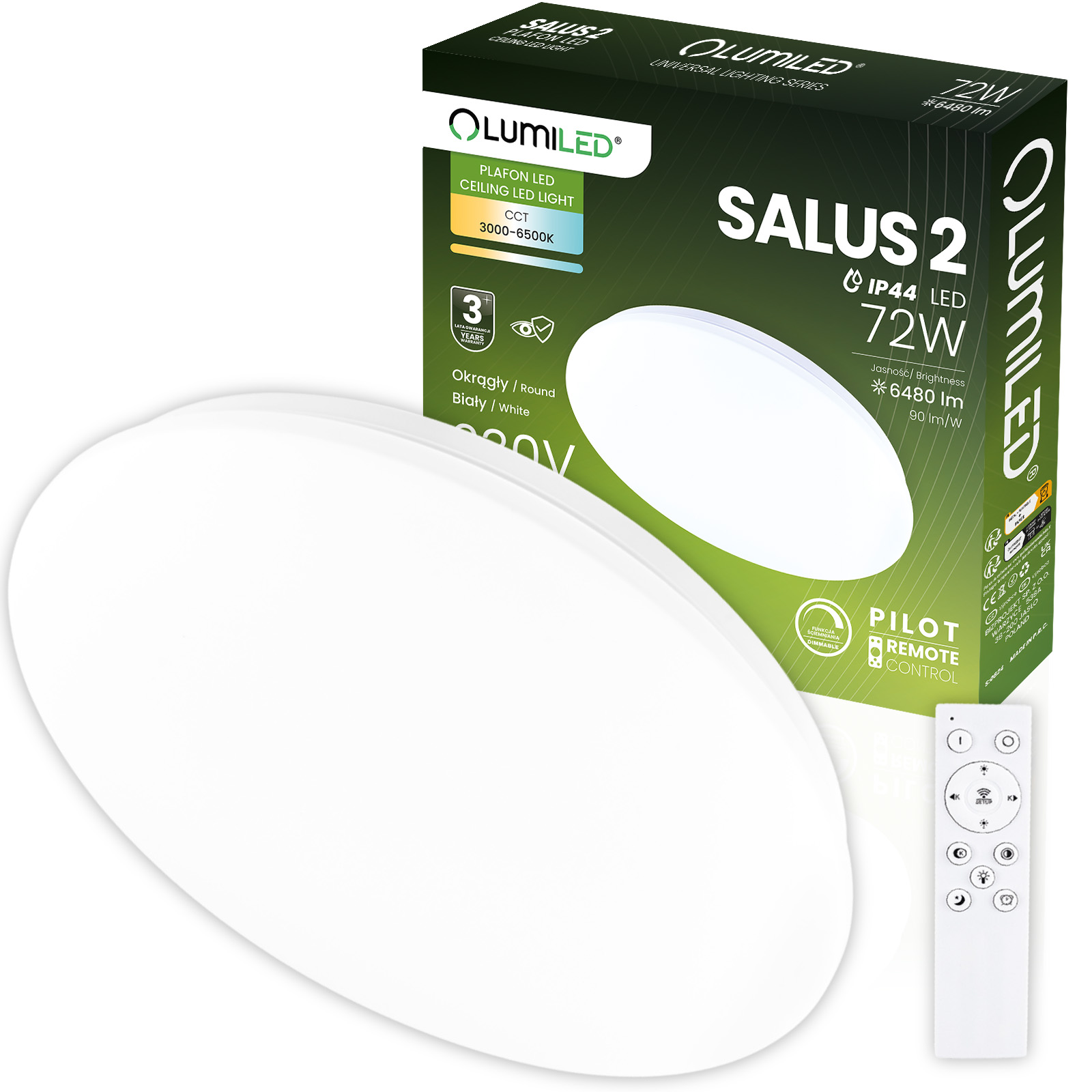 Plafon LED Lampa Sufitowa Natynkowa SALUS2 72W IP44 CCT Biały Okrągły 50cm + PILOT LUMILED - główne zdjęcie produktu