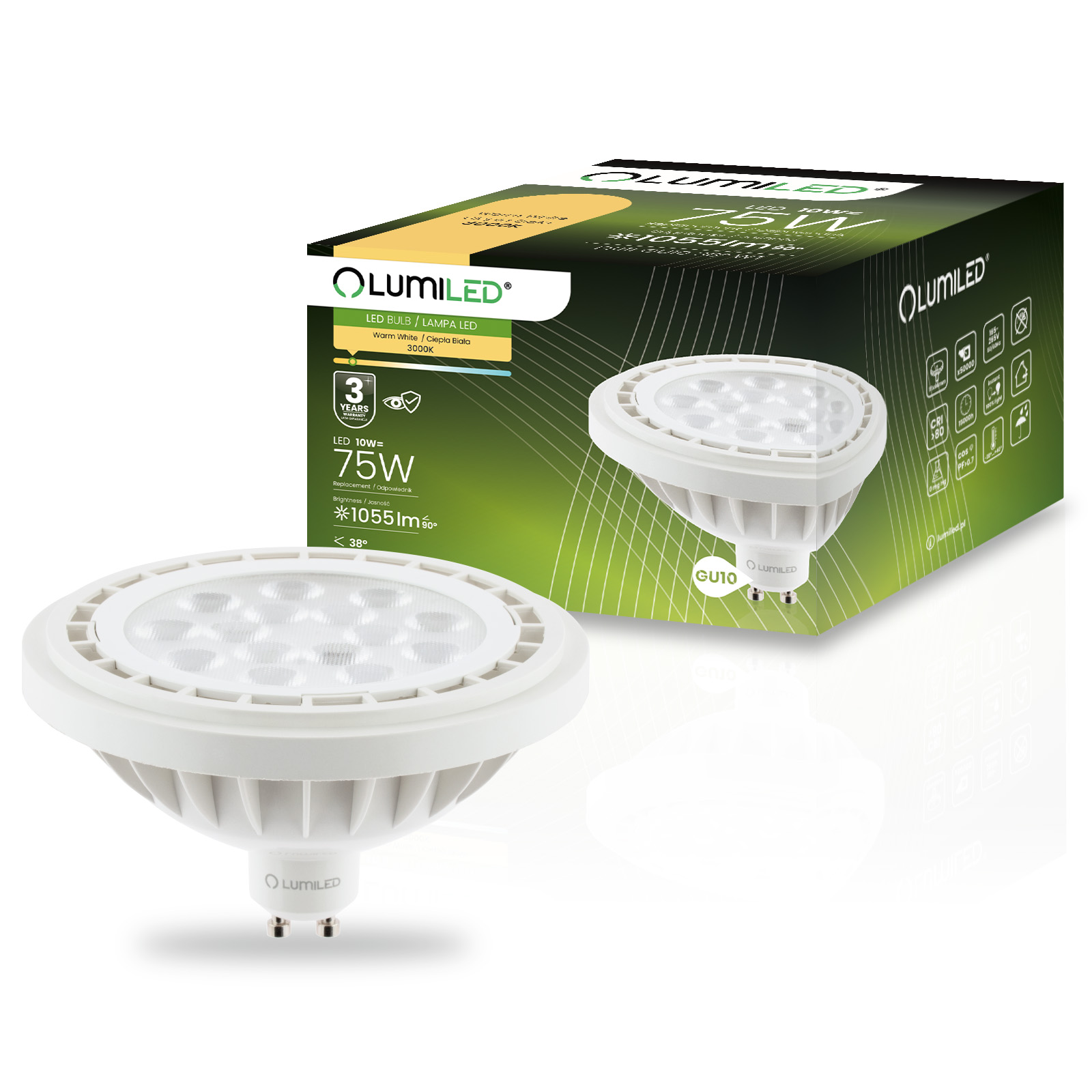Żarówka LED GU10 Reflektor ES111 10W = 75W 1055lm 3000K Ciepła 38° LUMILED - główne zdjęcie produktu