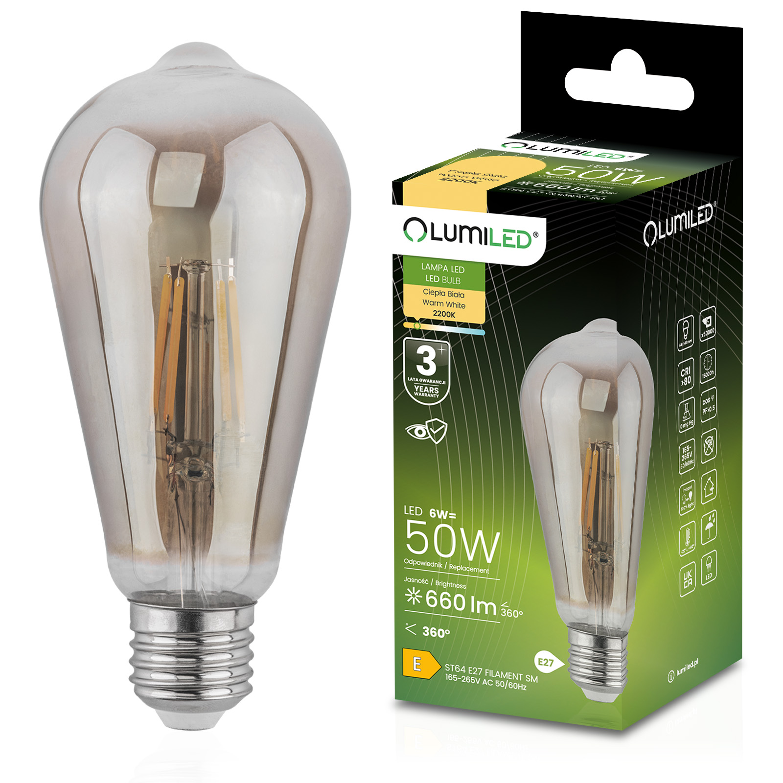 Żarówka LED E27 Edison ST64 6W = 50W 660lm 2200K Ciepła 360° DYMIONA FILAMENT LUMILED - główne zdjęcie produktu