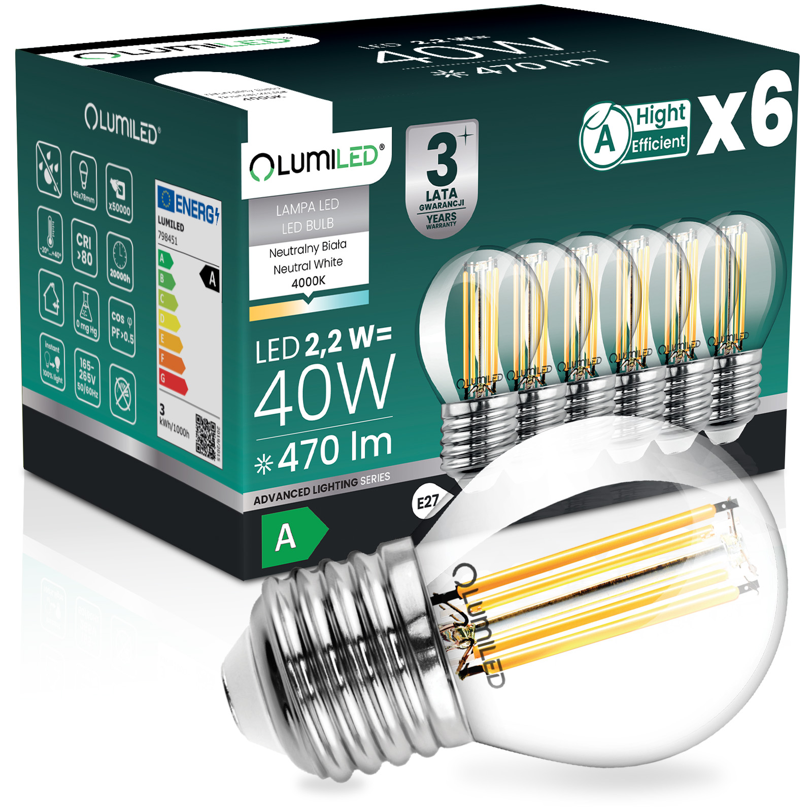 6x Żarówka LED E27 Kulka P45 2,2W 470lm = 40W 4000K Neutralna 360° Filament KLASA A LUMILED - główne zdjęcie produktu