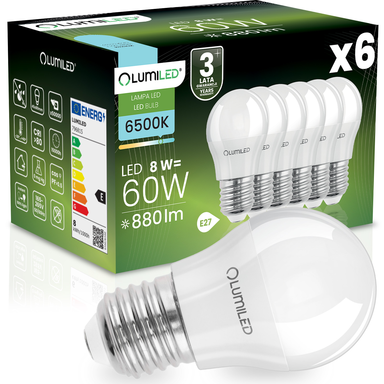 6x Żarówka LED E27 Kulka P45 8W = 60W 880lm 6500K Zimna 180° LUMILED - główne zdjęcie produktu