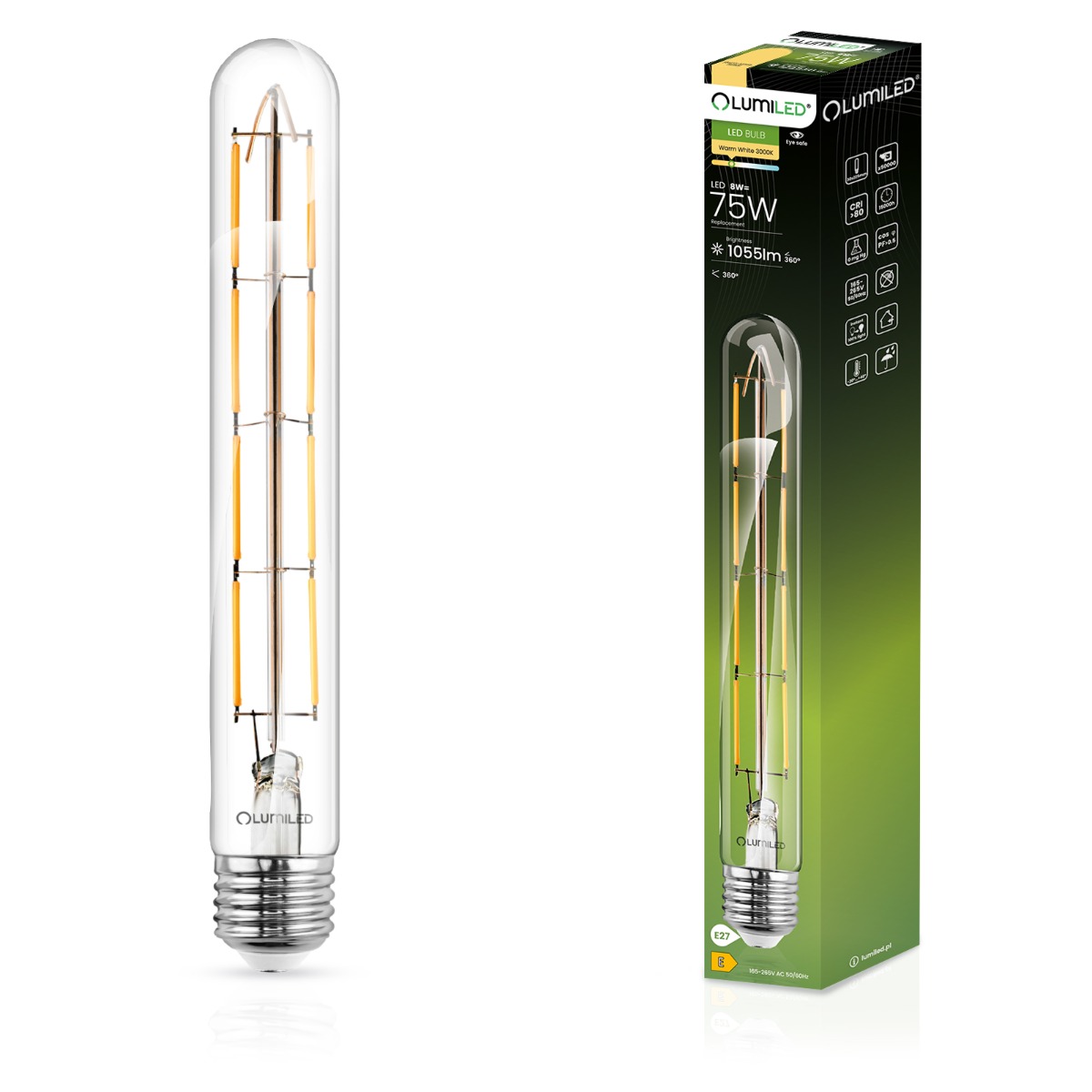 Żarówka LED E27 Tubularna T30 8W = 75W 1055lm 3000K Ciepła 360° FILAMENT LUMILED - główne zdjęcie produktu