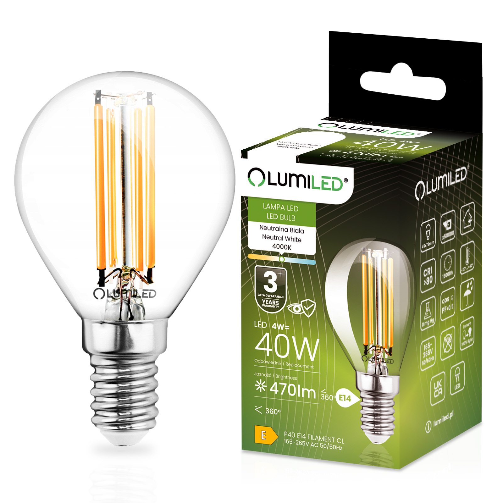 Żarówka LED E14 Kulka P45 4W = 40W 470lm 4000K Neutralna 360° FILAMENT LUMILED - główne zdjęcie produktu