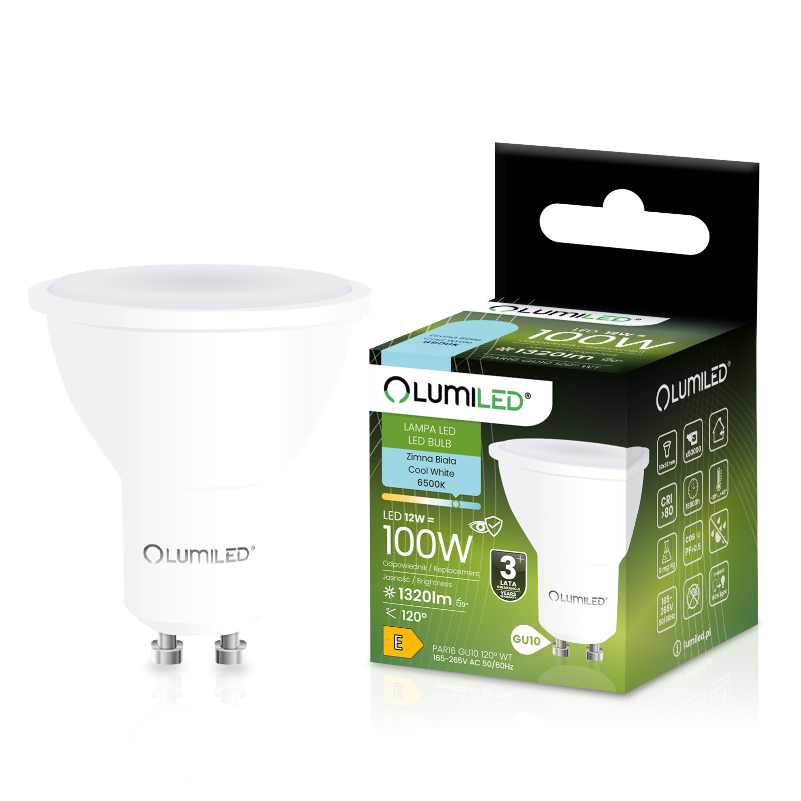 Żarówka LED GU10 Reflektor PAR16 12W = 100W 1320LM 6500K Zimna 120° LUMILED - główne zdjęcie produktu