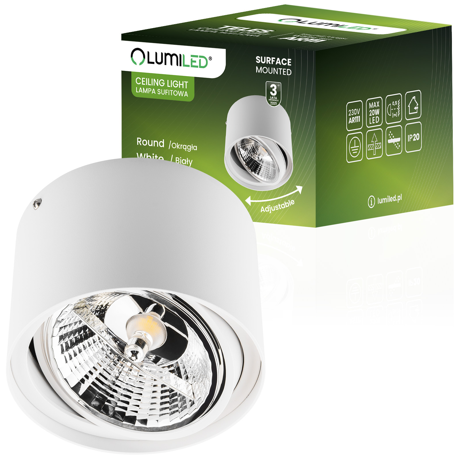 Oprawa Natynkowa HALOGENOWA SPOT TUBA Ruchoma GU10 AR111 Okrągła Biała 100mm TELES LUMILED - główne zdjęcie produktu