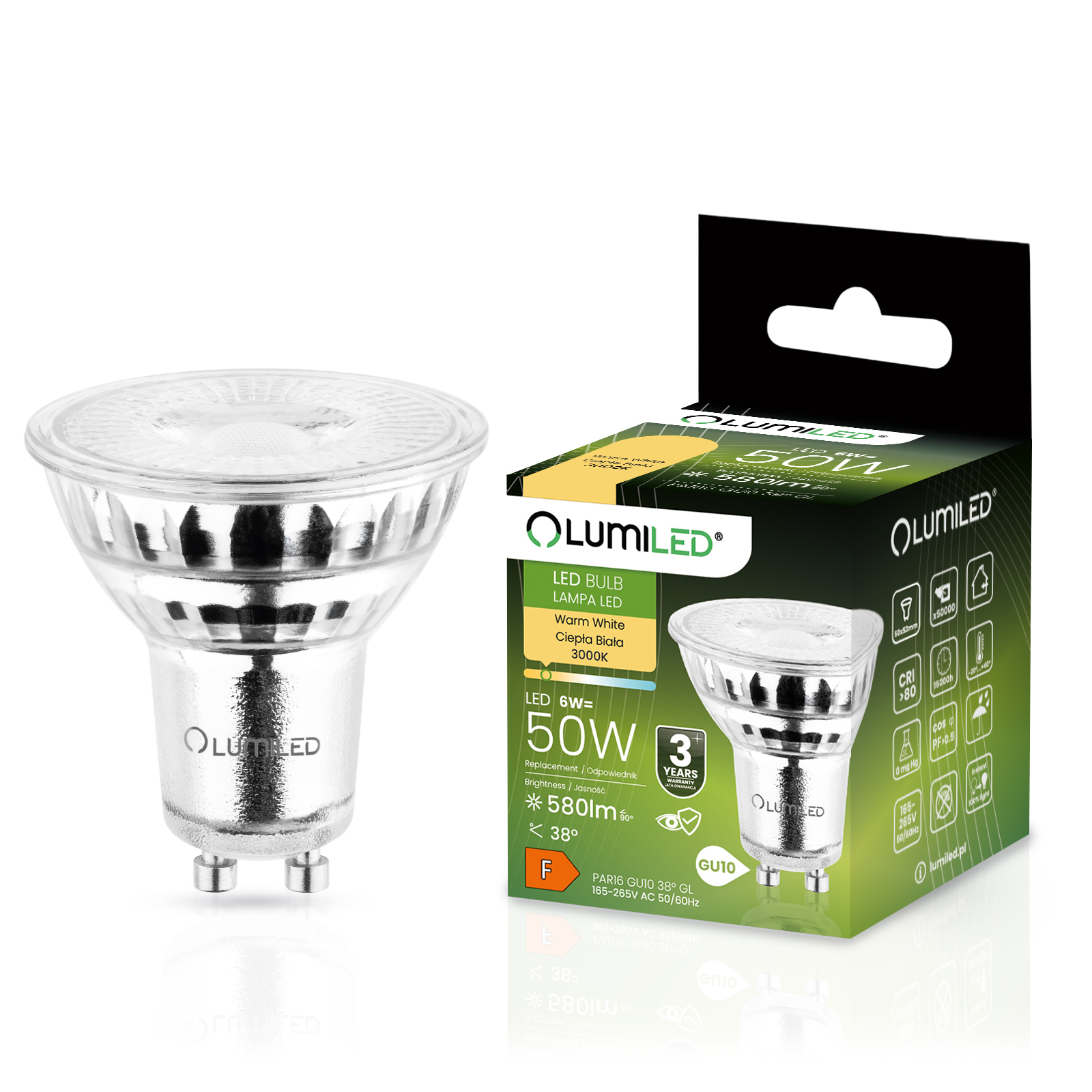 Żarówka LED GU10 Reflektor PAR16 6W = 50W 580lm 3000K Ciepła 38° LUMILED - główne zdjęcie produktu