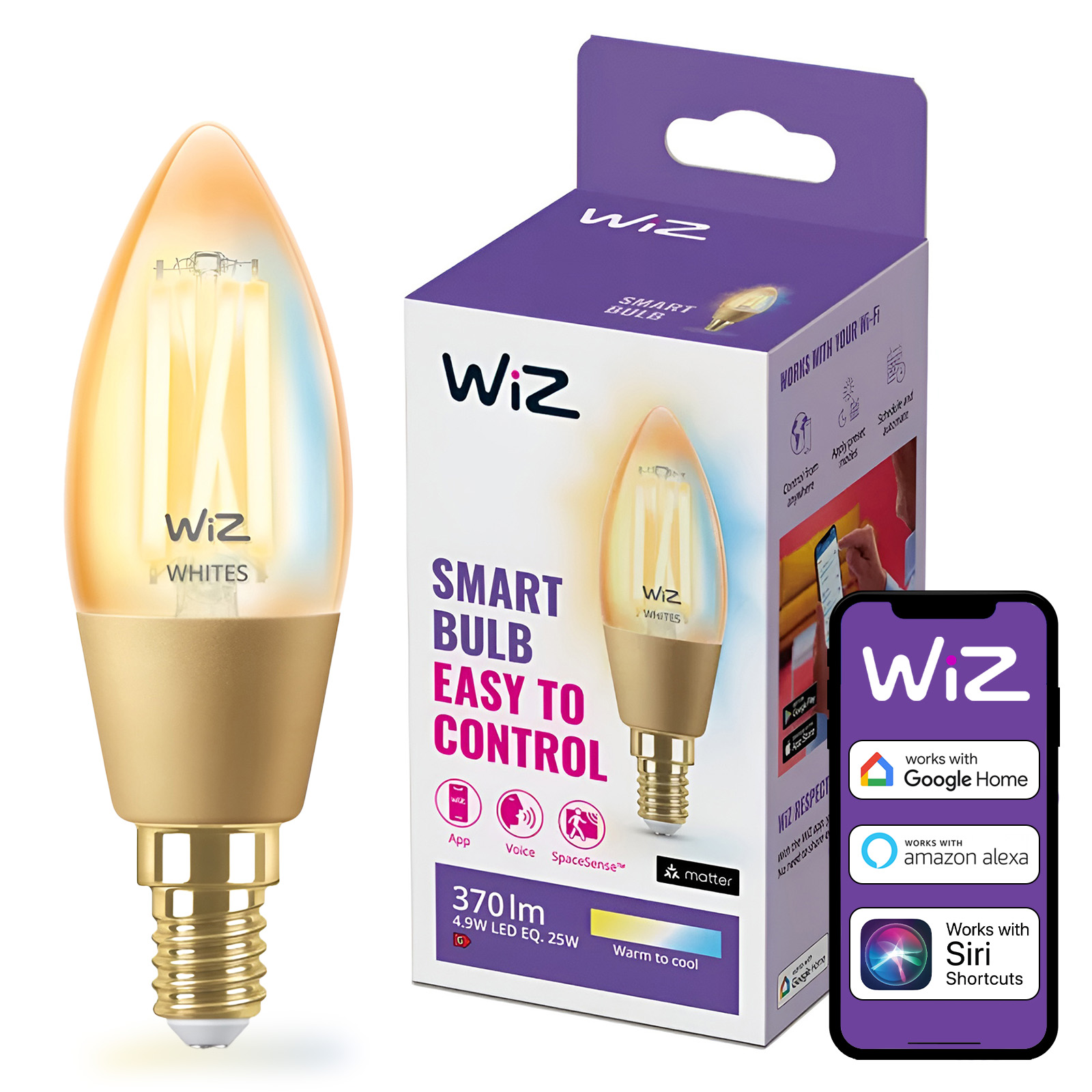 Żarówka LED E14 Świeczka C35 4.9W = 25W 370lm 2000-5000K TW FILAMENT Bursztynowa Inteligentna SMART WiFi Bluetooth Aplikacja WiZ - główne zdjęcie produktu