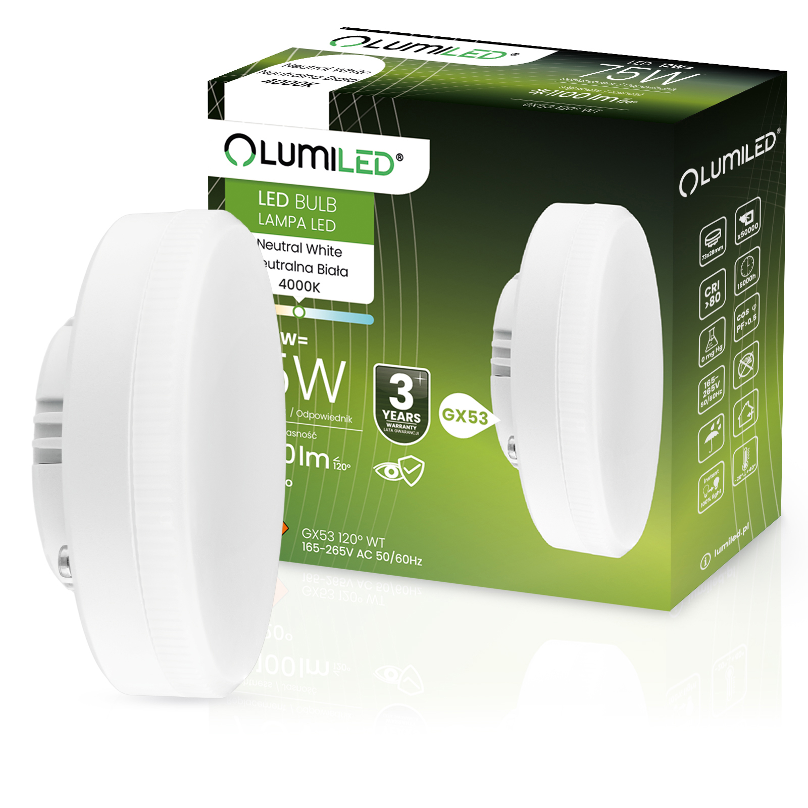Żarówka LED GX53 Reflektor 12W = 75W 1100lm 4000K Neutralna 120° LUMILED - główne zdjęcie produktu