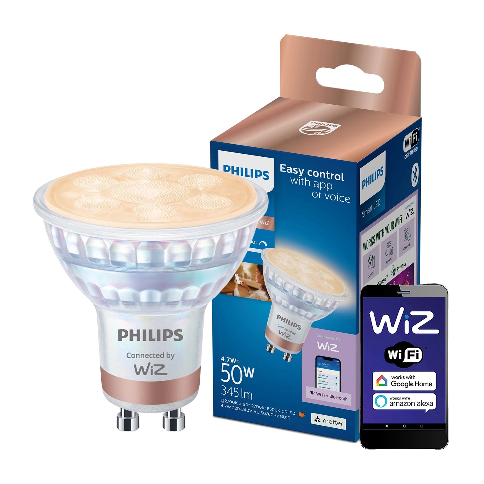 Żarówka LED GU10 Reflektor PAR16 4.7W = 50W 345lm 2700-6500K TW Inteligentna SMART WiFi Bluetooth Aplikacja WiZ Philips - główne zdjęcie produktu