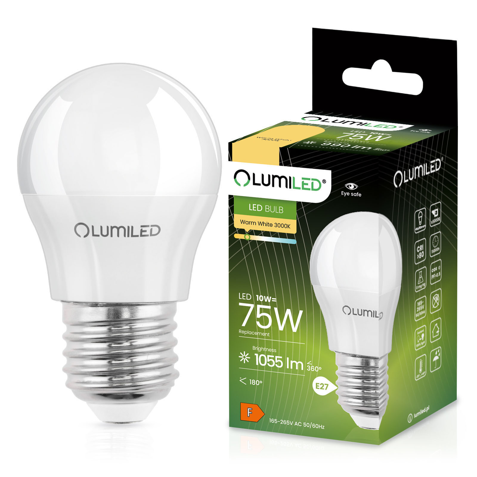 Żarówka LED E27 Kulka P45 10W = 75W 1055lm 3000K Ciepła 180° LUMILED - główne zdjęcie produktu