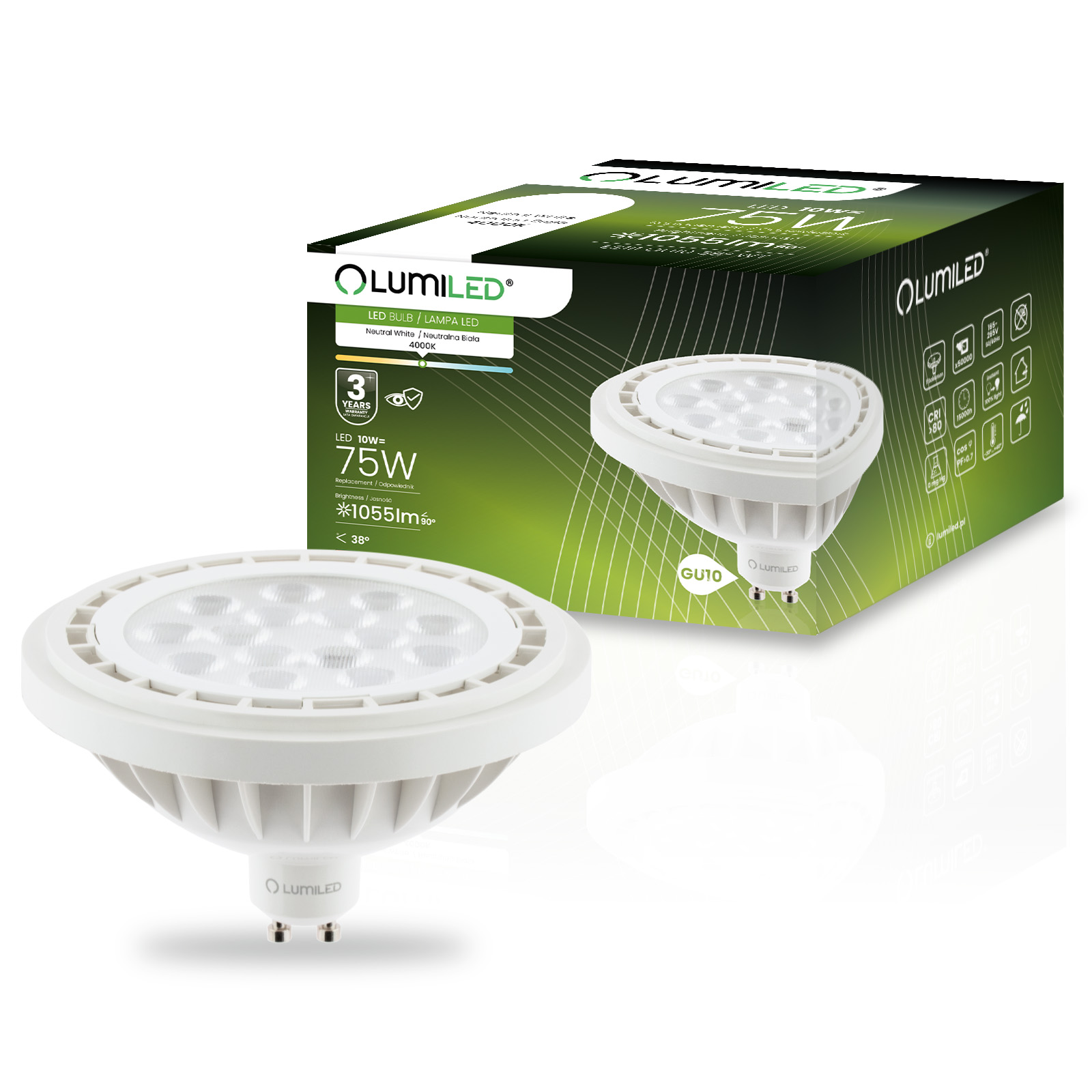 Żarówka LED GU10 Reflektor ES111 10W = 75W 1055lm 4000K Neutralna 38° LUMILED - główne zdjęcie produktu