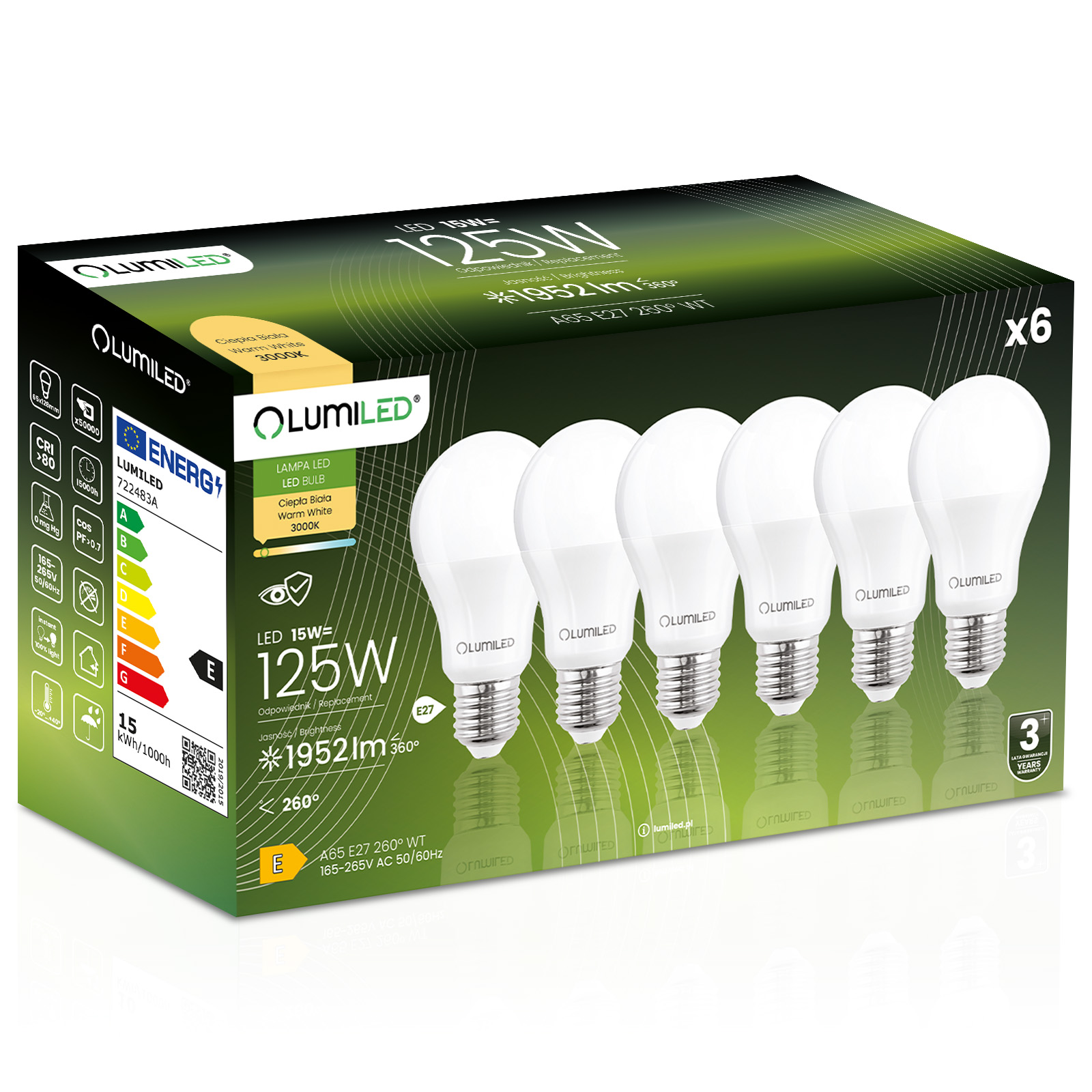 6x Żarówka LED E27 A60 15W = 120W 1952lm 4000K Neutralna 260° LUMILED - główne zdjęcie produktu