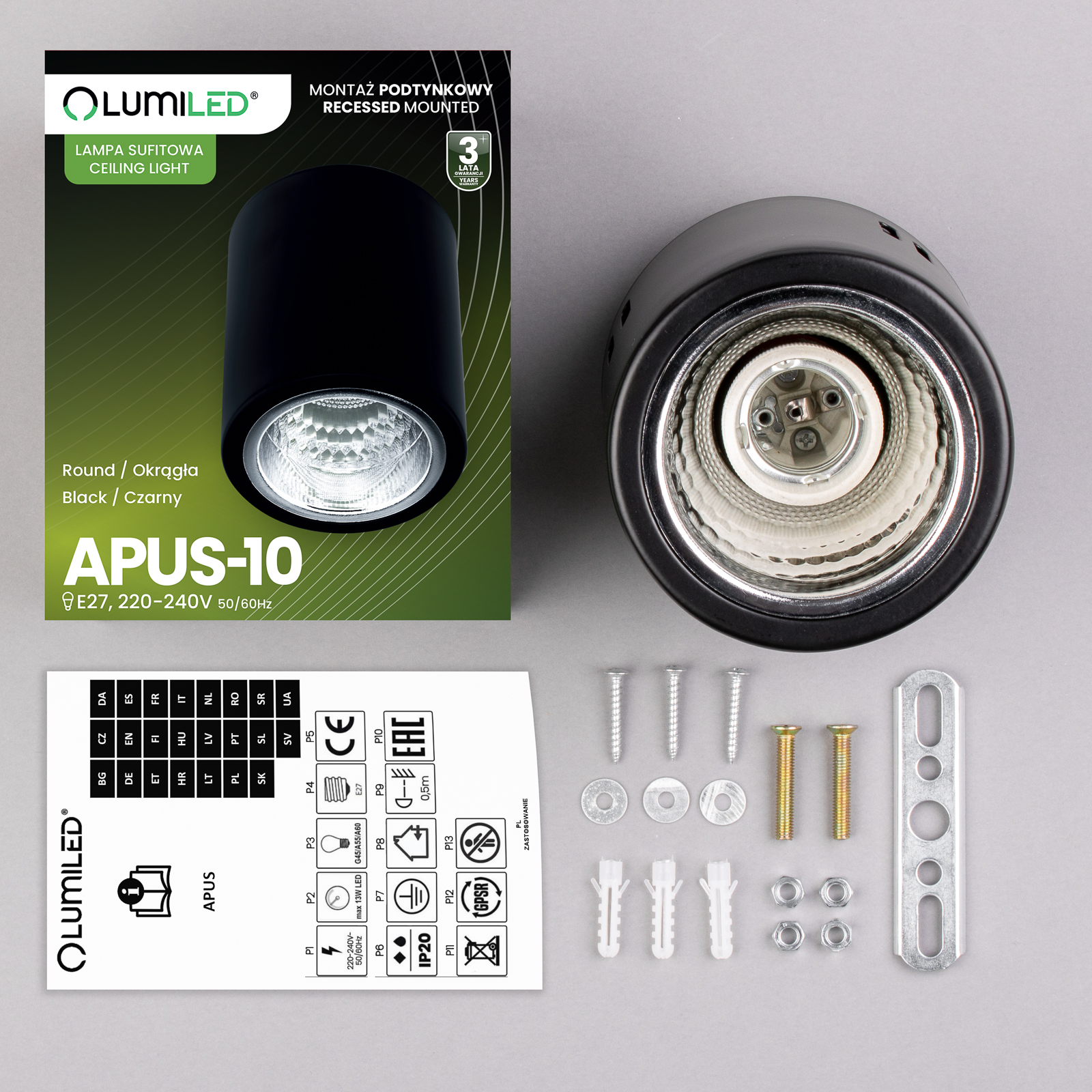 Oprawa Sufitowa Natynkowa Stała Okrągła APUS 10 Spot TUBA Czarna E27 - skład produktu