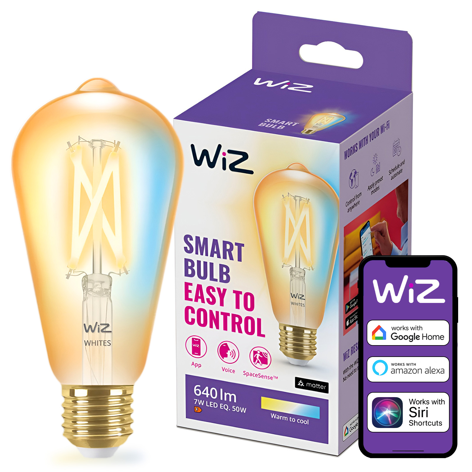 Żarówka LED E27 Edison ST64 7W = 50W 640lm 2000-5000K TW FILAMENT Bursztynowa Inteligentna SMART WiFi Bluetooth Aplikacja WiZ - główne zdjęcie produktu