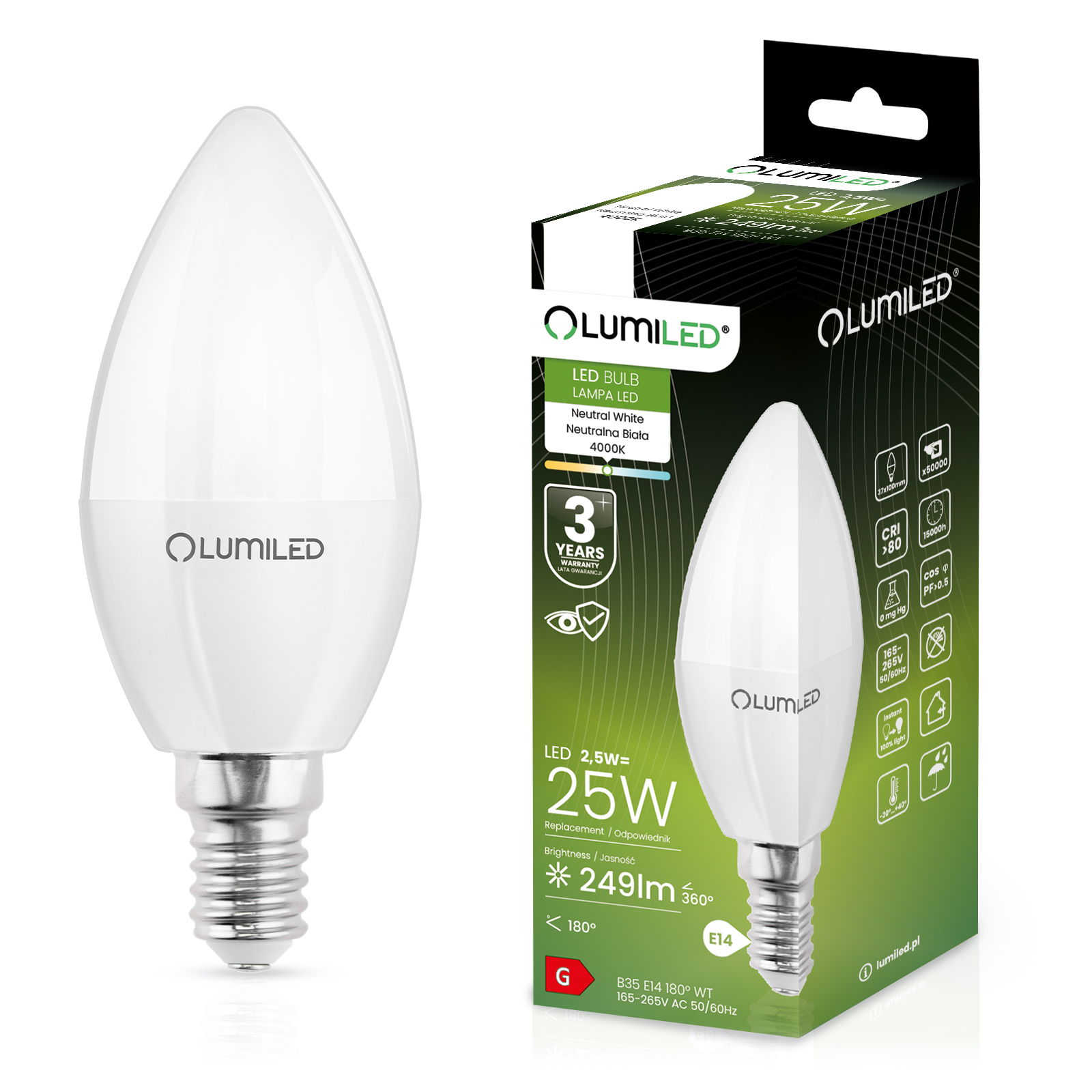 Żarówka LED E14 Świeczka B35 2,5W = 25W 249lm 4000K Neutralna 180° LUMILED - główne zdjęcie produktu