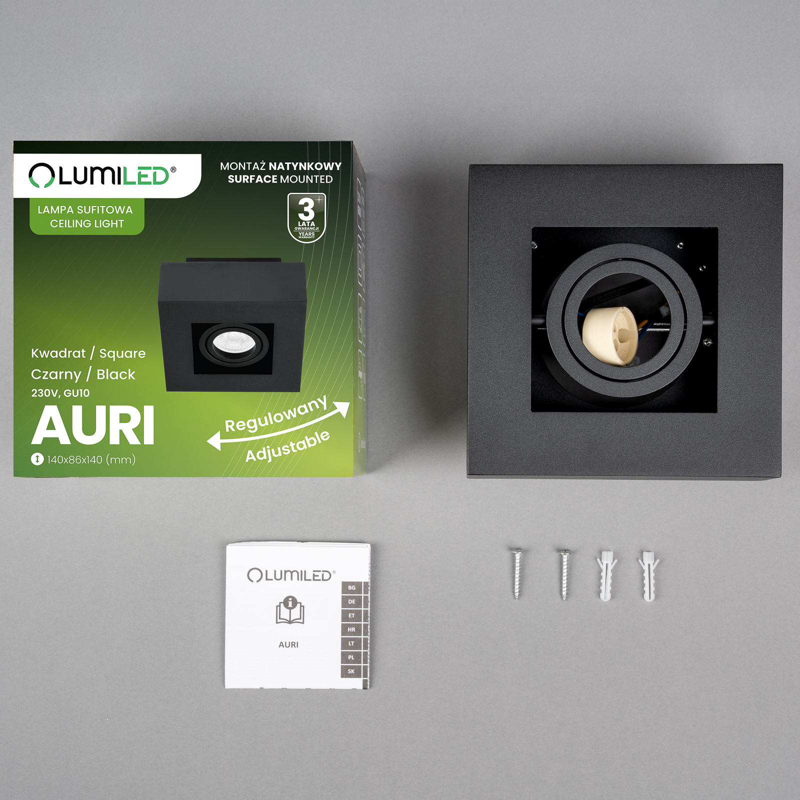 Oprawa Natynkowa HALOGENOWA Ruchoma SPOT GU10 Kwadrat Czarna AURI LUMILED - skład produktu