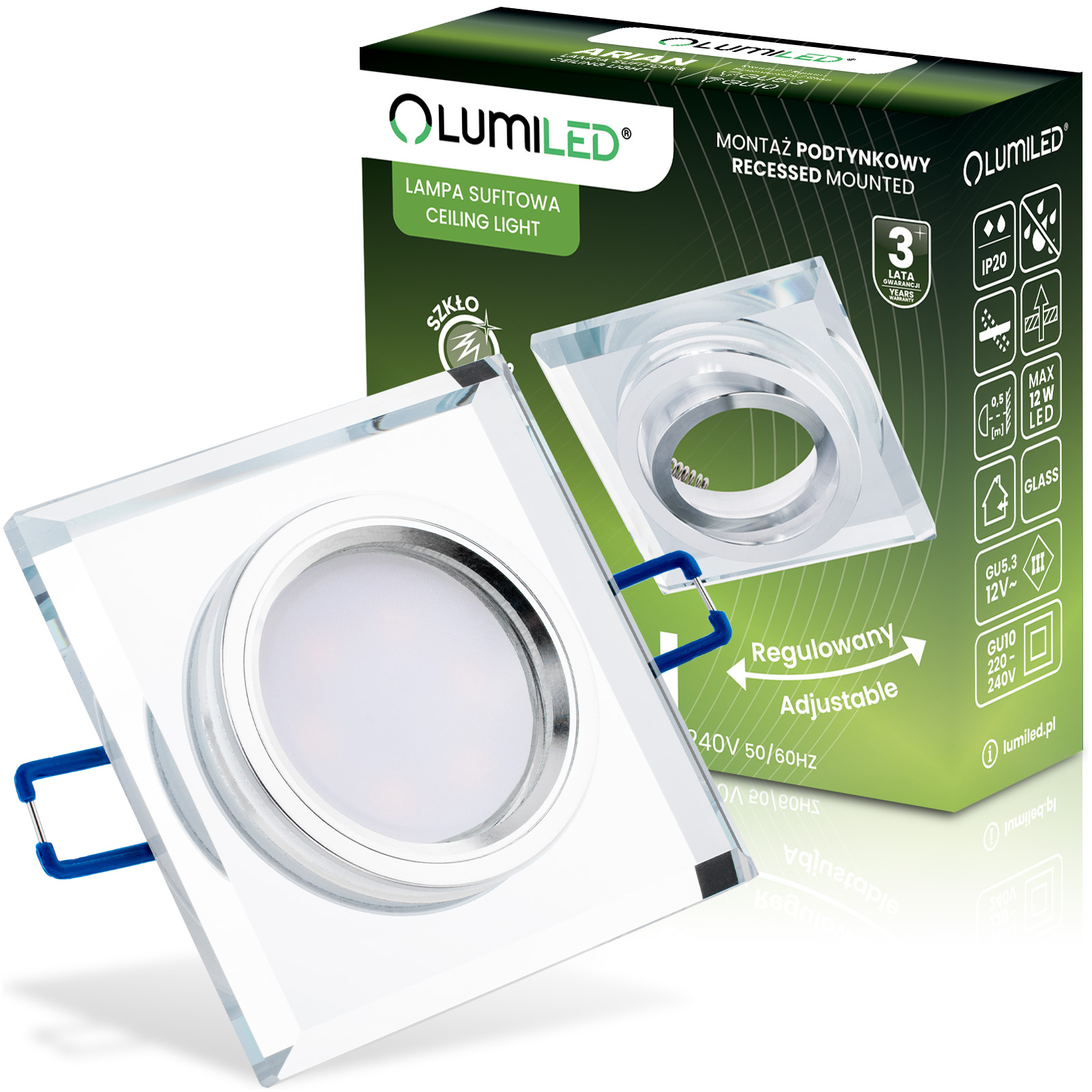 Oprawa Halogenowa Podtynkowa Lampa Sufitowa Szklana Kwadratowa Ruchoma GU10 ARIAN LUMILED - główne zdjęcie produktu