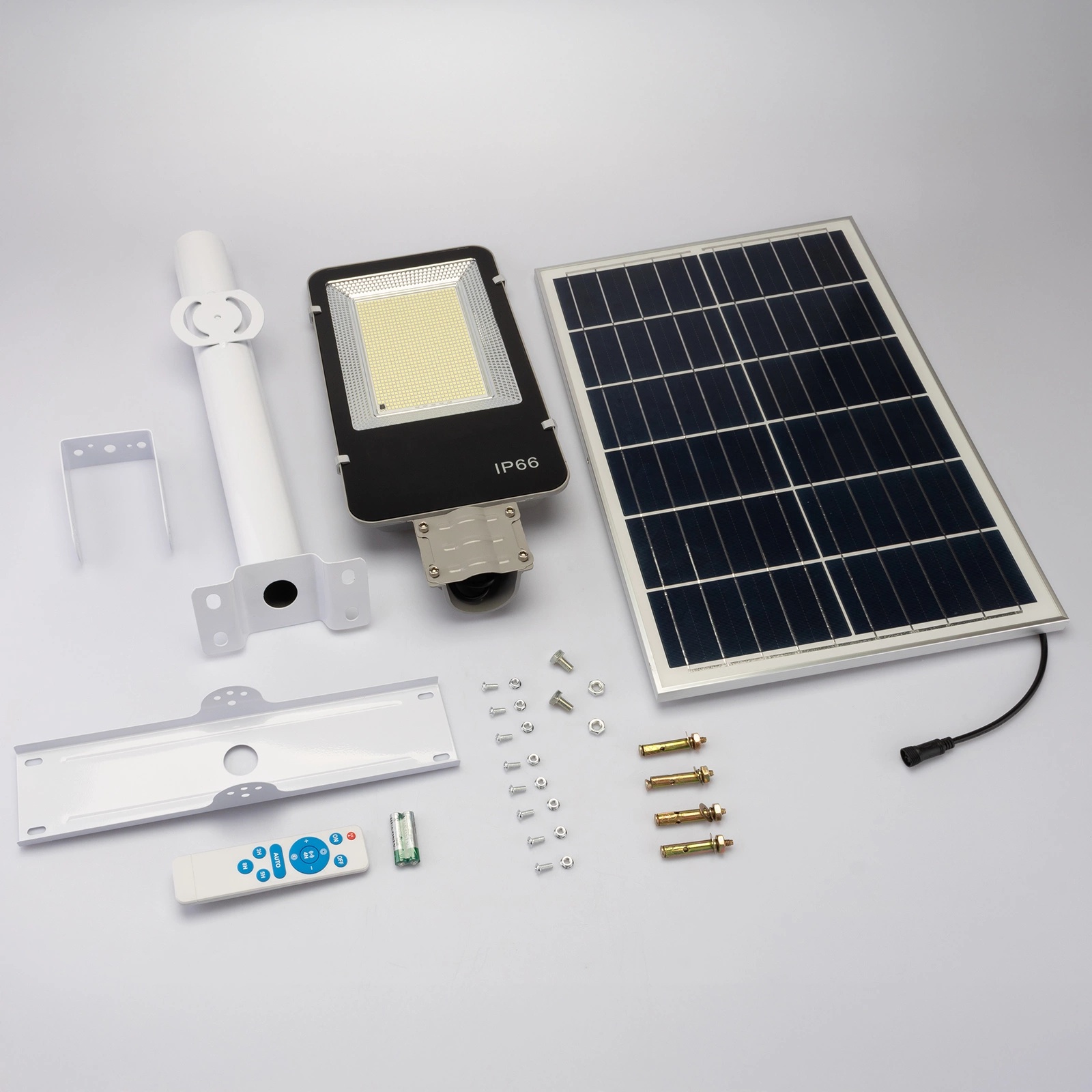 Lampa Solarna Uliczna LED 1500W 150000lm 6500K Zimna Czujnik Zmierzchu MOCNA Latarnia Ogrodowa z Regulowanym Panelem + Uchwyt i Pilot - skład produktu