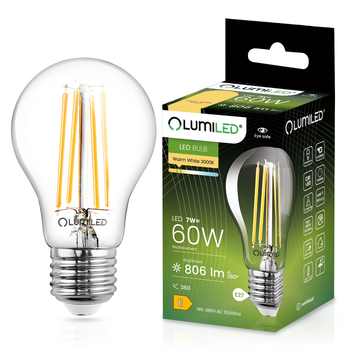 Żarówka LED E27 A60 7W = 60W 806lm 3000K Ciepła 360° FILAMENT LUMILED - główne zdjęcie produktu