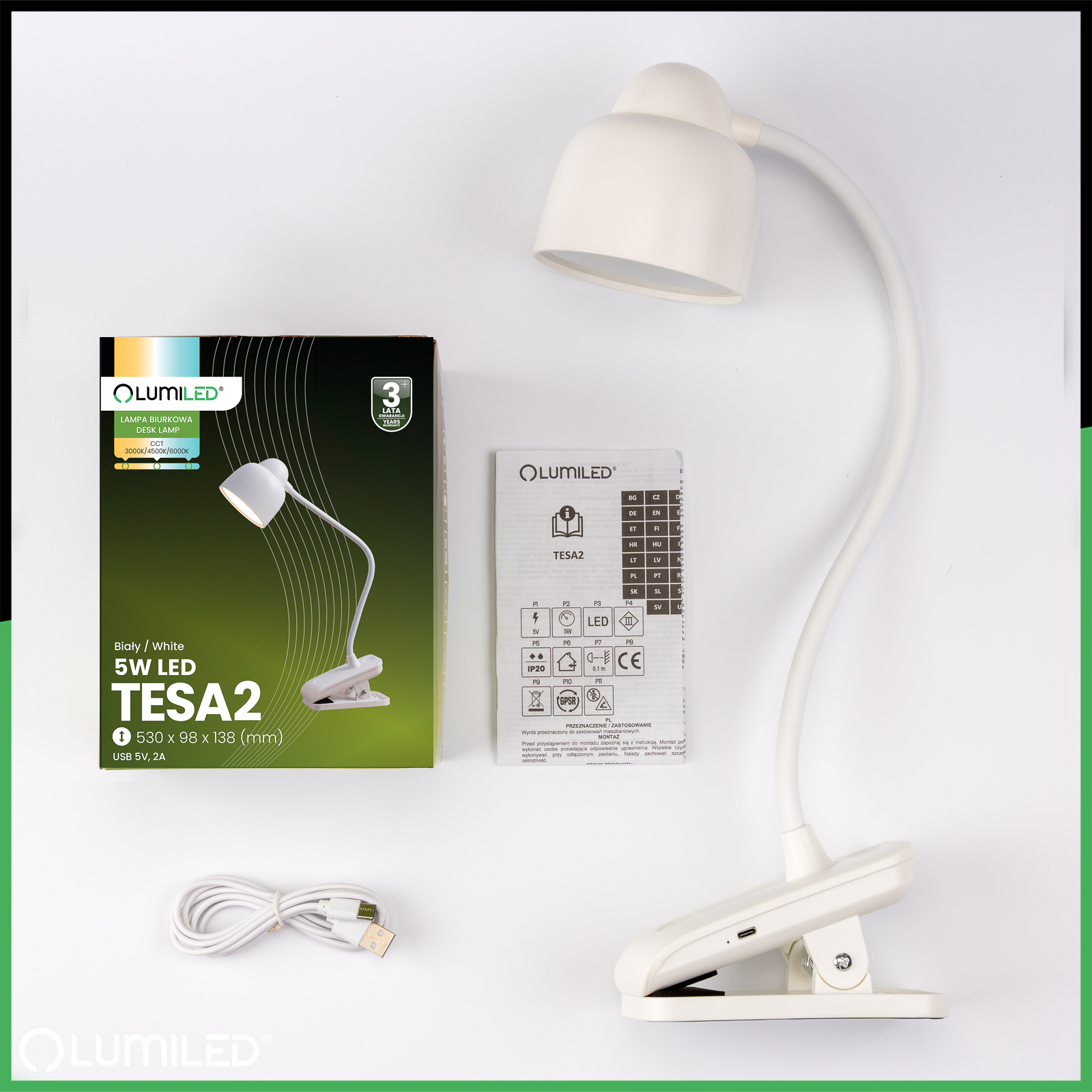Lampka Biurkowa LED 5W CCT Kreślarska Stołowa Szkolna TESA 2 Biała LUMILED - skład produktu