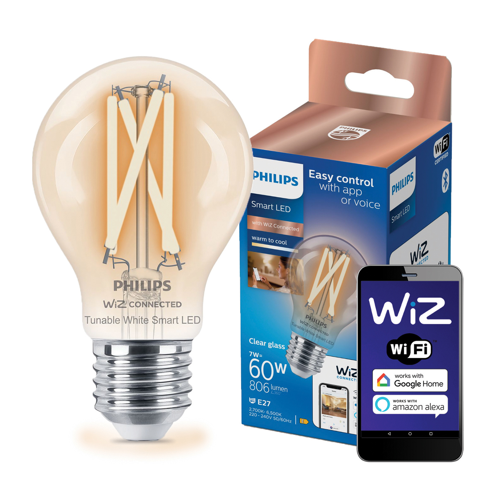 Żarówka LED E27 A60 7W = 60W 806lm 2700-6500K TW FILAMENT Inteligentna SMART WiFi Bluetooth Aplikacja WiZ Philips - główne zdjęcie produktu