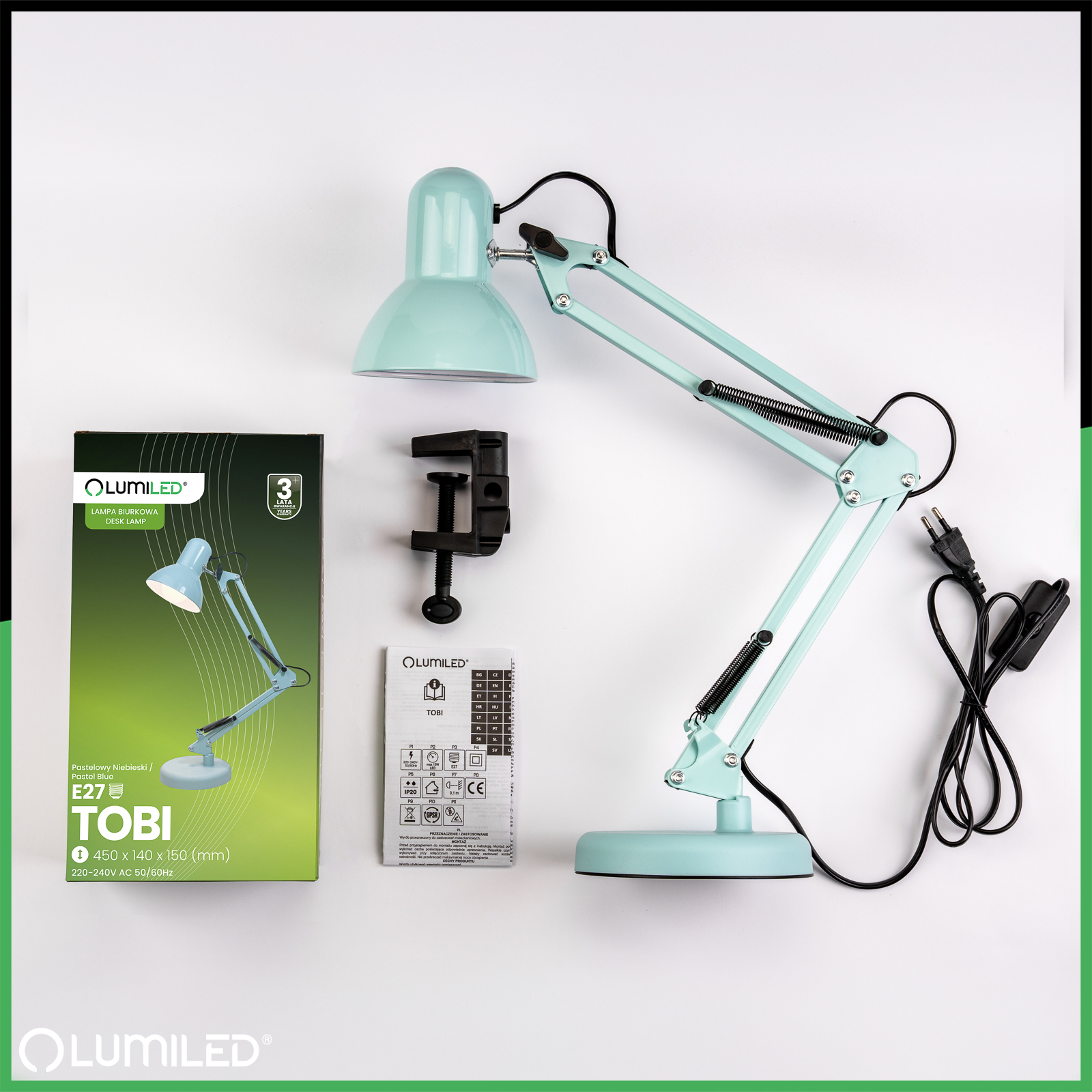 Lampka Biurkowa Kreślarska Stołowa E27 TOBI Pastelowa Niebieska Lumiled + uchwyt na blat - skład produktu
