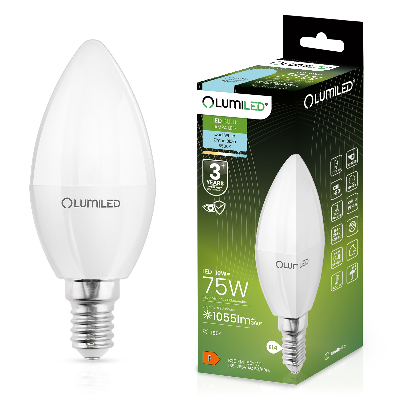 Żarówka LED E14 Świeczka B35 10W = 75W 1055lm 6500K Zimna 180° LUMILED - główne zdjęcie produktu