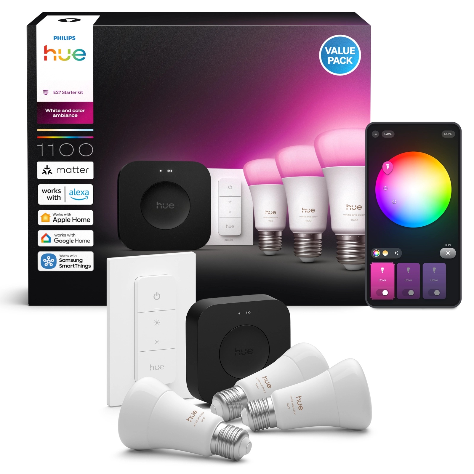 3x Żarówka LED E27 A60 8.1W = 75W 1100lm CCT + RGB SMART Inteligentna Bluetooth ZigBee White and Color Ambiance + Mostek Bridge PRO + Regulator Pilot Philips HUE - główne zdjęcie produktu