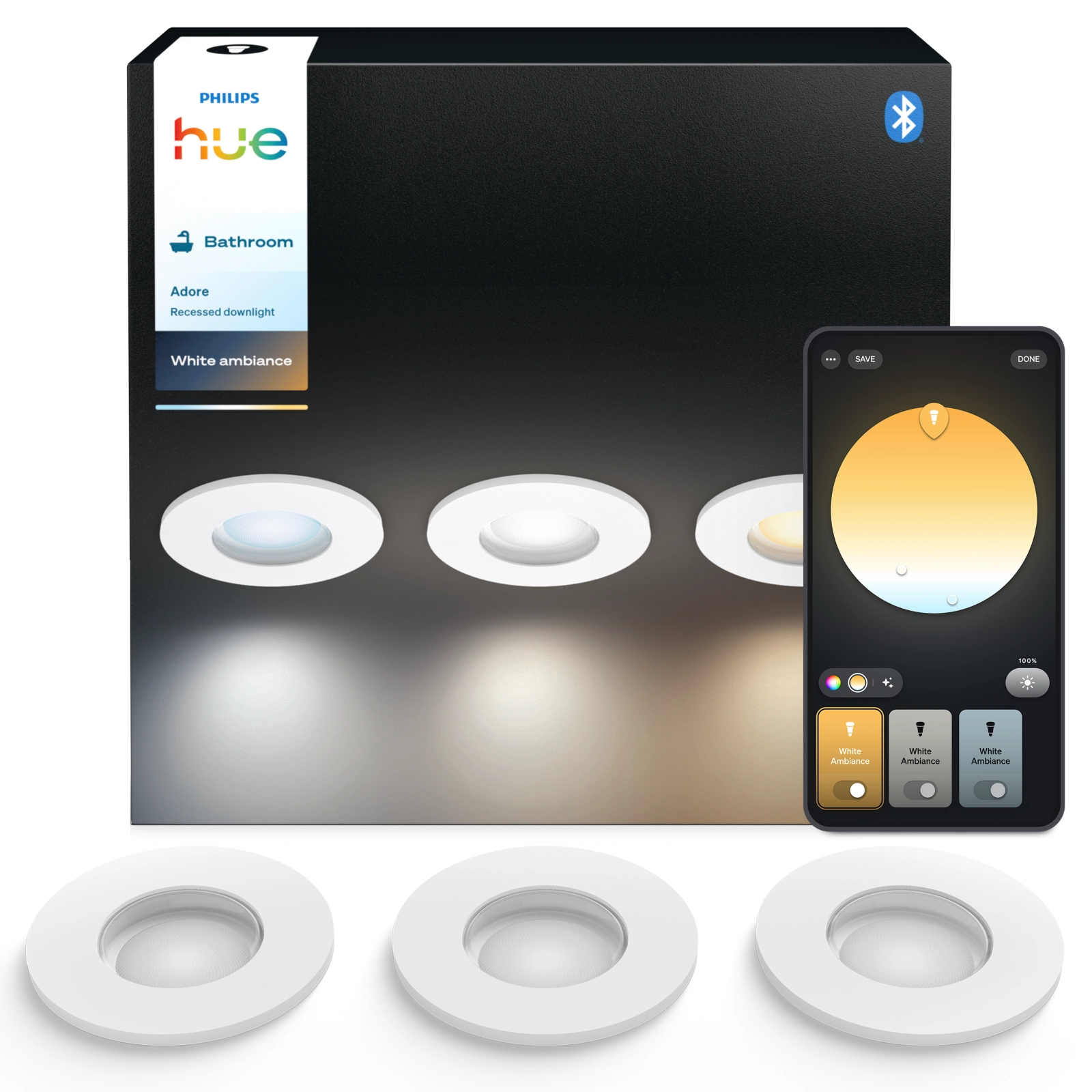 3x Oprawa Podtynkowa Wpuszczana LED Hermetyczna IP44 Łazienkowa 4.2W 400lm IP44 White Ambiance TW Biała Inteligentna SMART Zigbee Bluetooth Adore Philips HUE - główne zdjęcie produktu