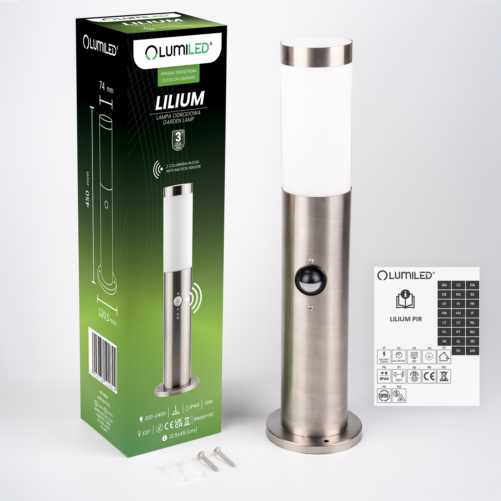 Lampa Ogrodowa Zewnętrzna E27 INOX SŁUPEK 45cm z Czujnikiem Ruchu Lilium LUMILED - skład produktu