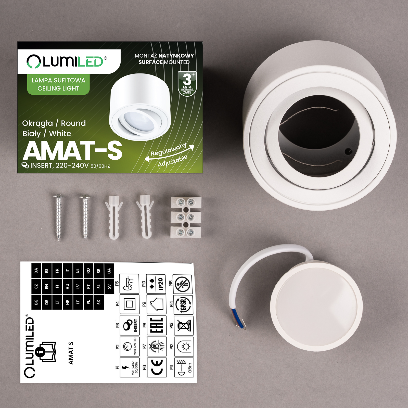 Oprawa Natynkowa HALOGENOWA Tuba Spot Ruchoma Okrągła Biała 50mm + Wkład LED 7W 3000K  AMAT-S LUMILED - skład produktu